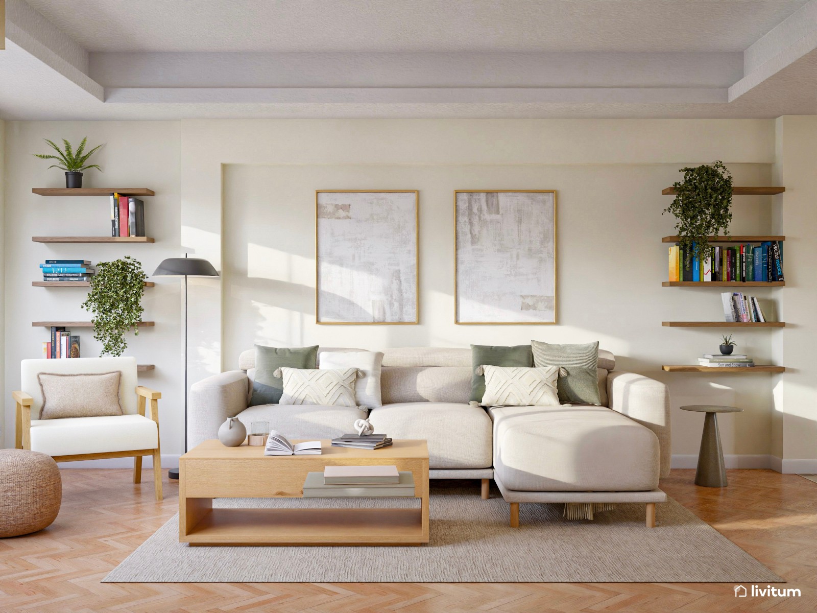 Salón nórdico en planta rectangular con decoración suave y elegante