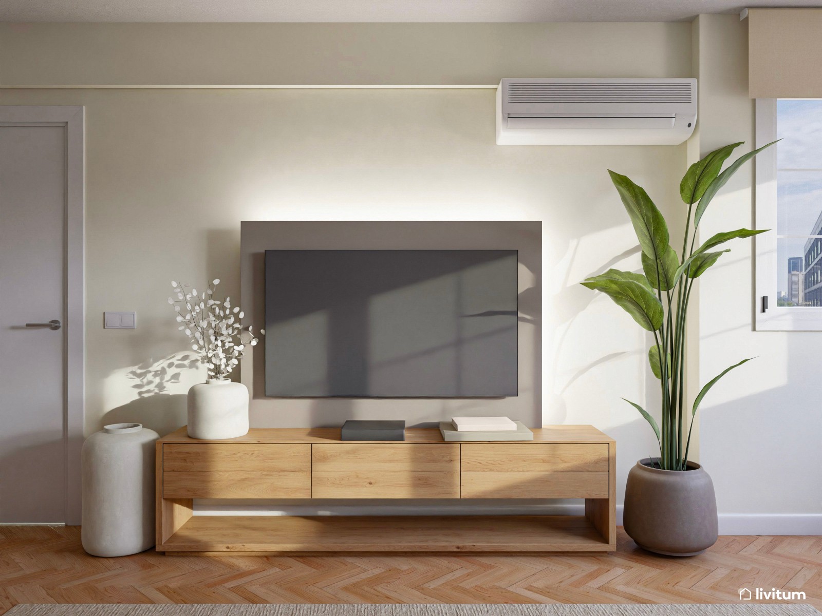 Salón nórdico en planta rectangular con decoración suave y elegante