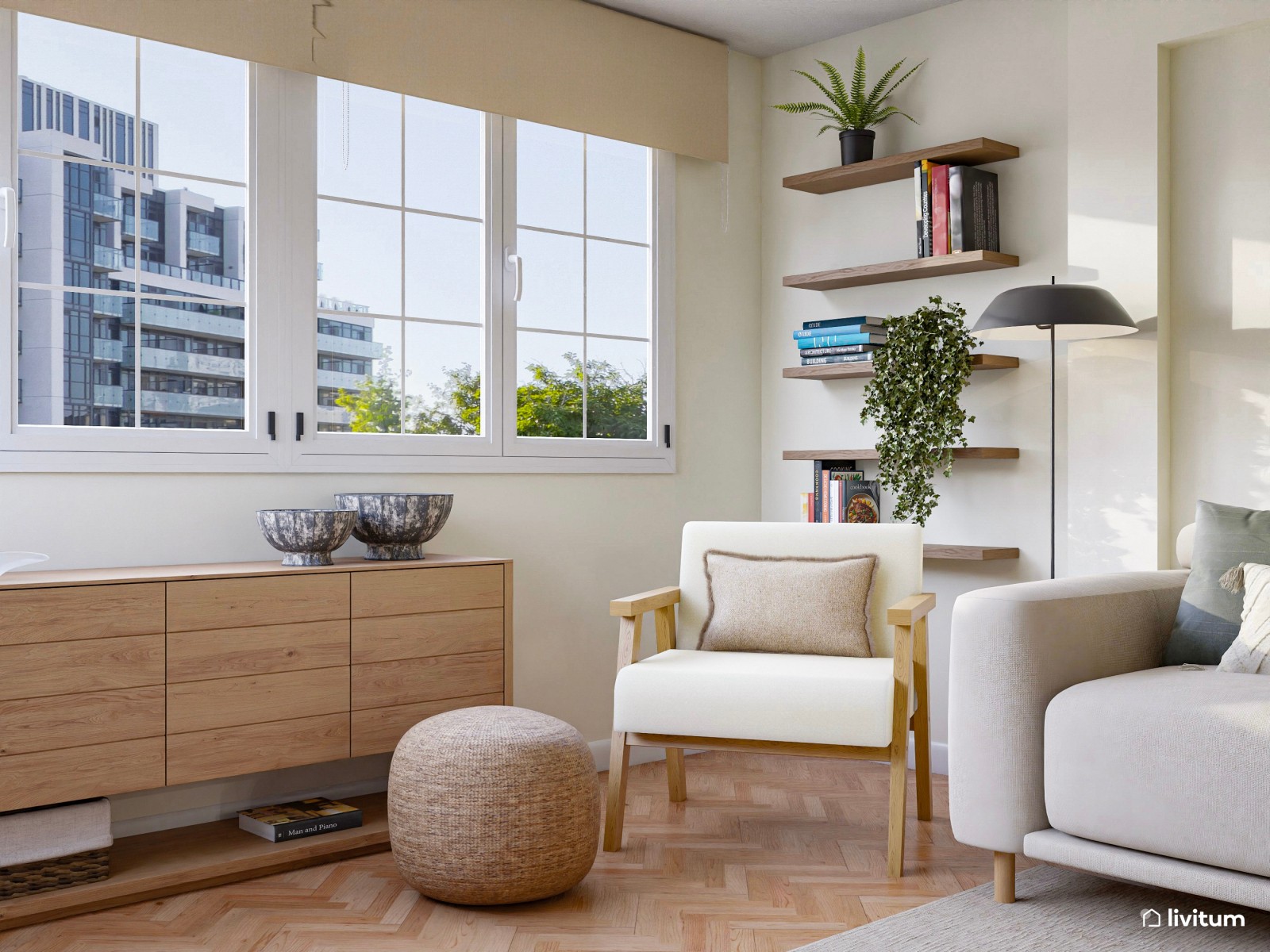 Salón nórdico en planta rectangular con decoración suave y elegante