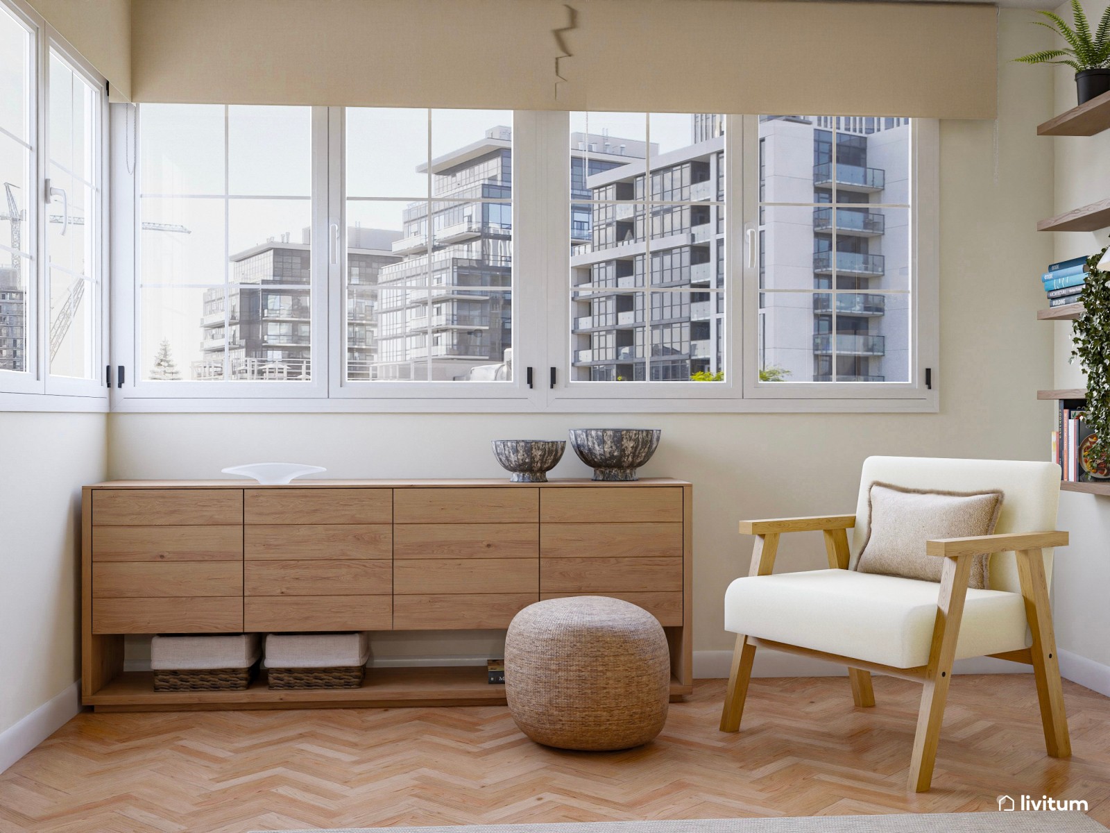 Salón nórdico en planta rectangular con decoración suave y elegante