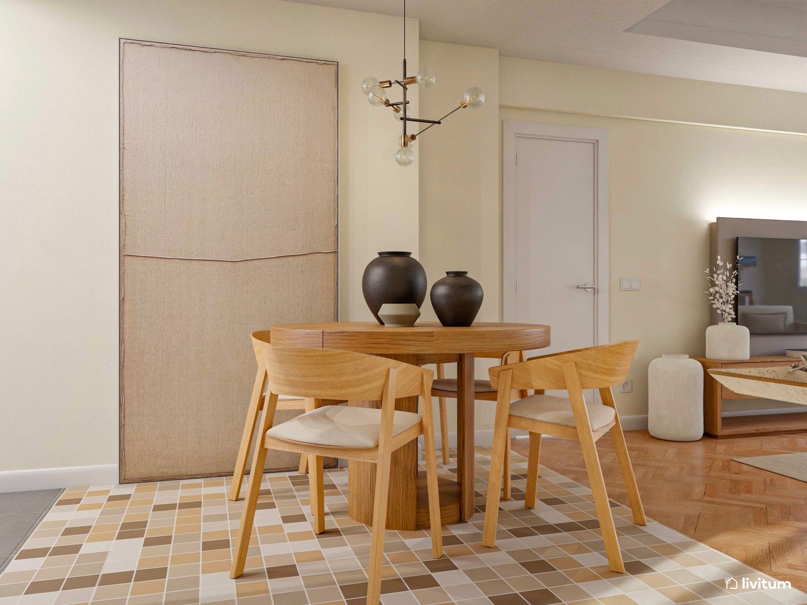 Salón nórdico en planta rectangular con decoración suave y elegante