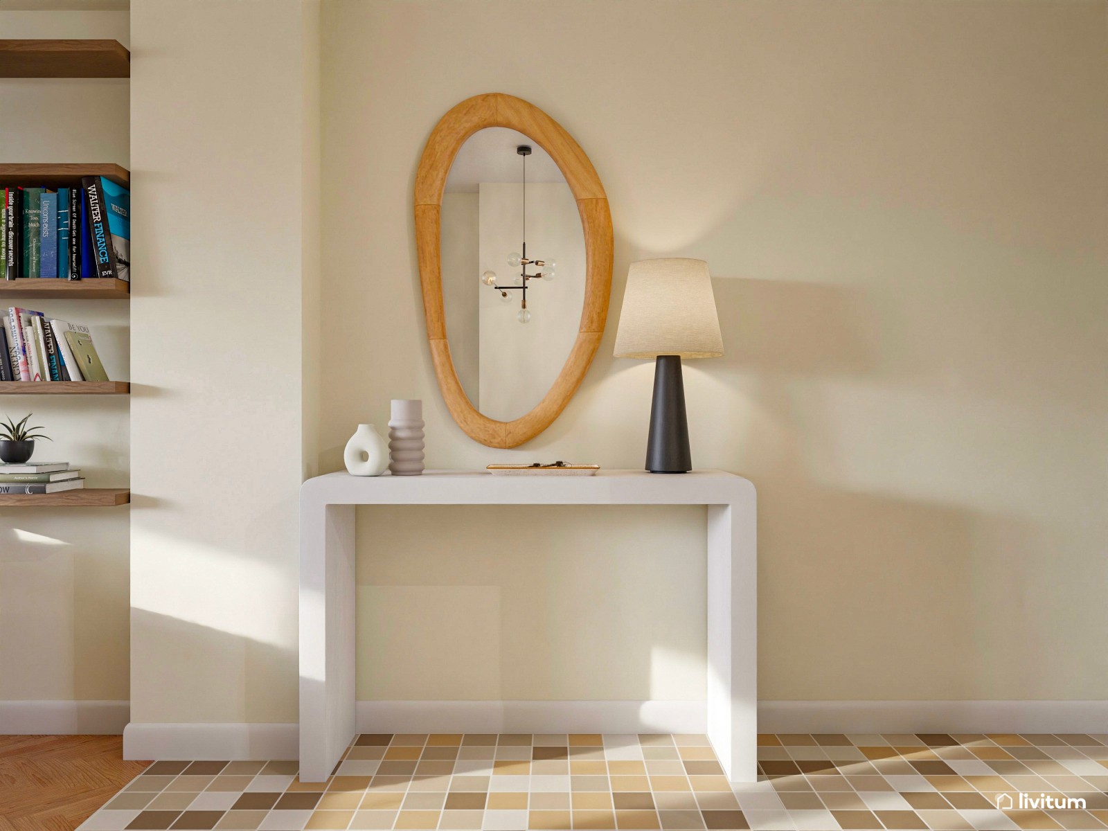 Salón nórdico en planta rectangular con decoración suave y elegante