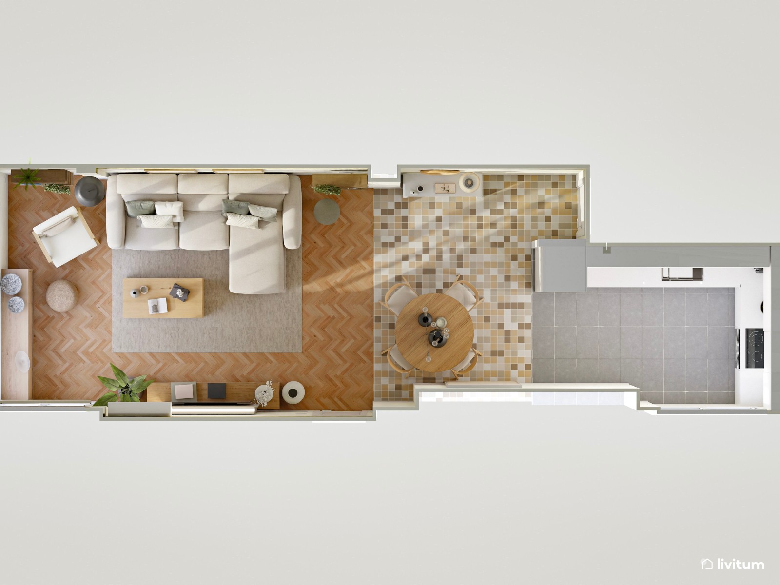 Salón nórdico en planta rectangular con decoración suave y elegante