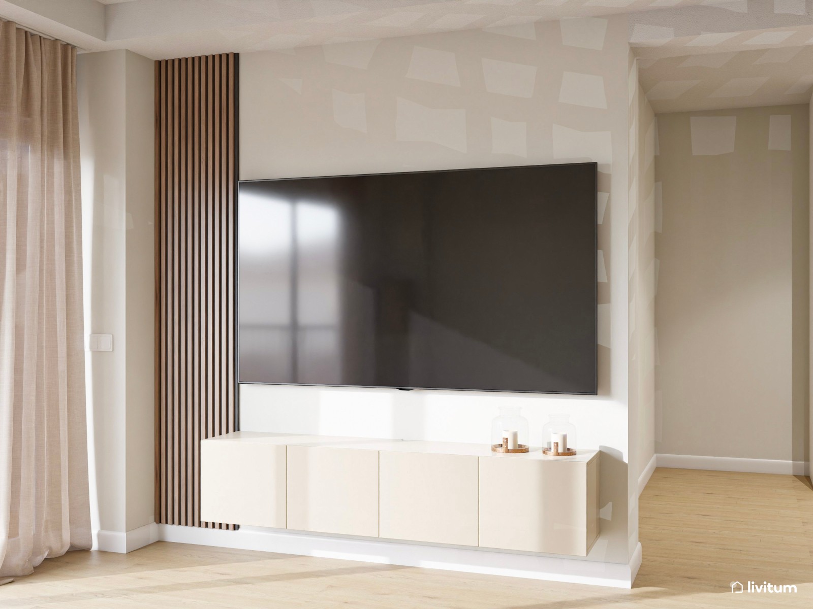 Salón nórdico en tonos suaves con mucha luz natural
