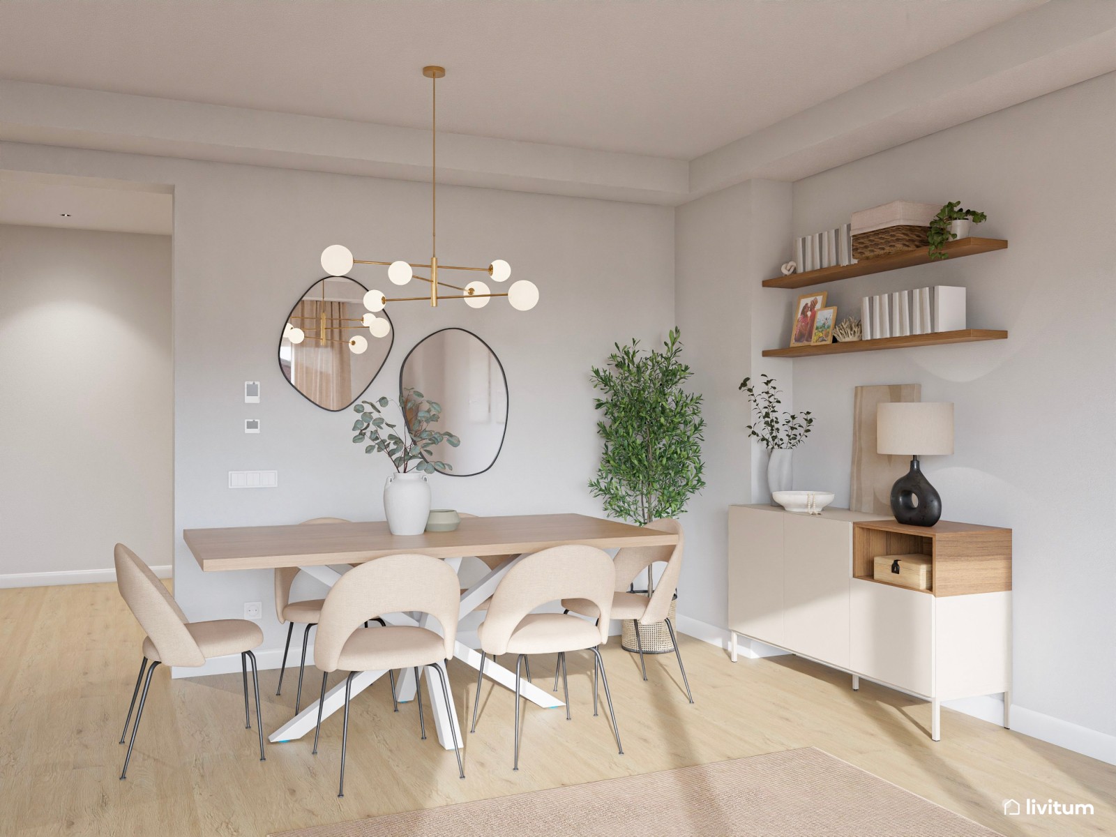 Salón nórdico en tonos suaves con mucha luz natural