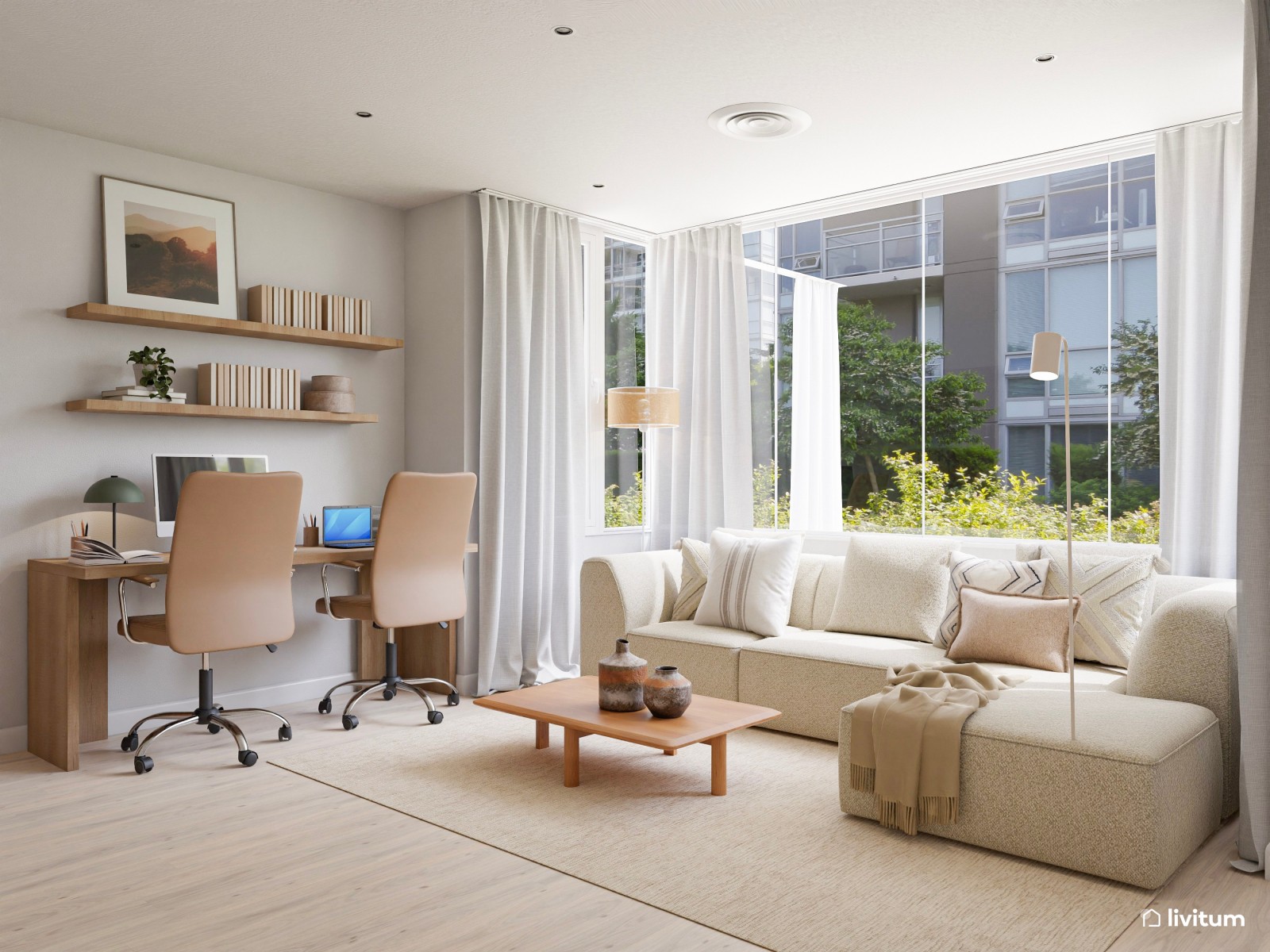 Salón nórdico minimalista con zona de teletrabajo, decorado en tonos crema