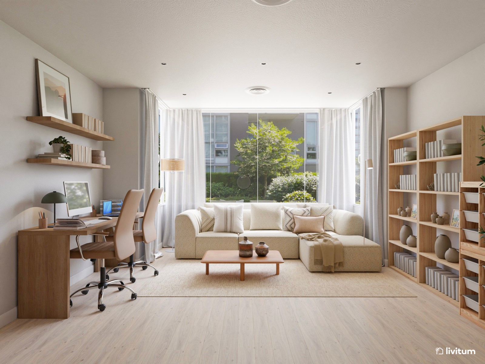 Salón nórdico minimalista con zona de teletrabajo, decorado en tonos crema