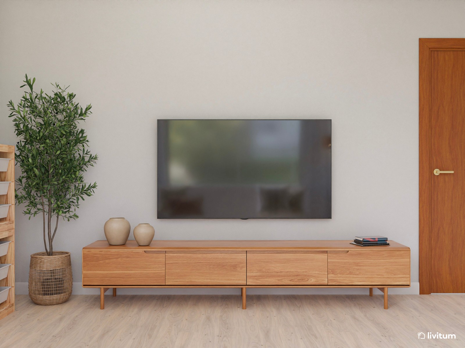 Salón nórdico minimalista con zona de teletrabajo, decorado en tonos crema