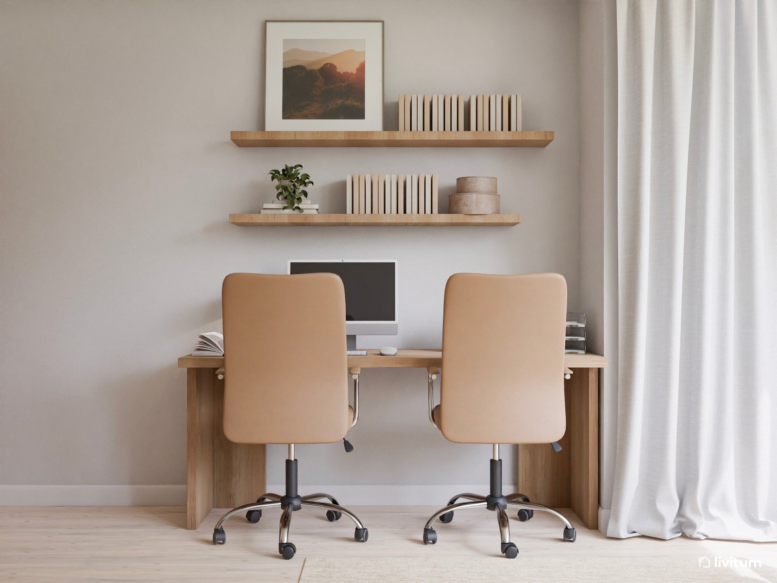 Salón nórdico minimalista con zona de teletrabajo, decorado en tonos crema