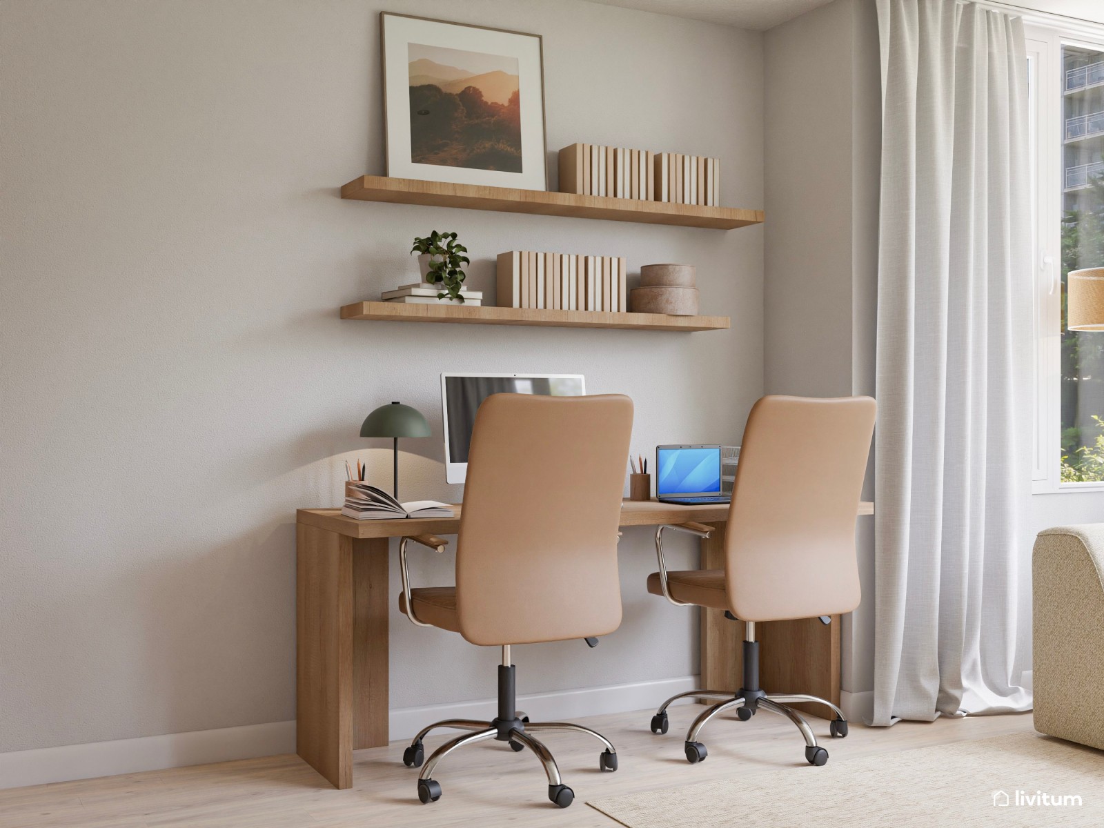 Salón nórdico minimalista con zona de teletrabajo, decorado en tonos crema