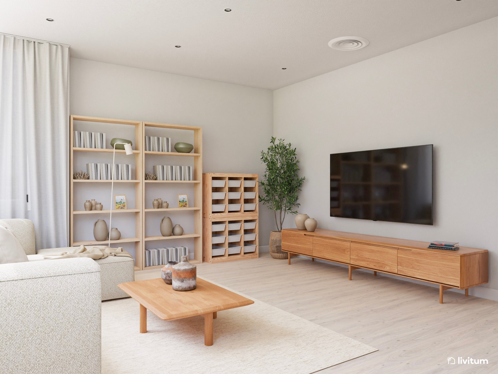 Salón nórdico minimalista con zona de teletrabajo, decorado en tonos crema