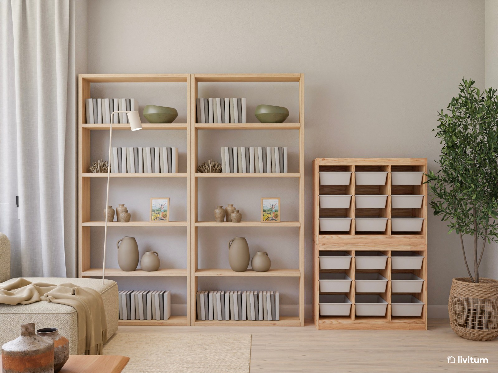 Salón nórdico minimalista con zona de teletrabajo, decorado en tonos crema