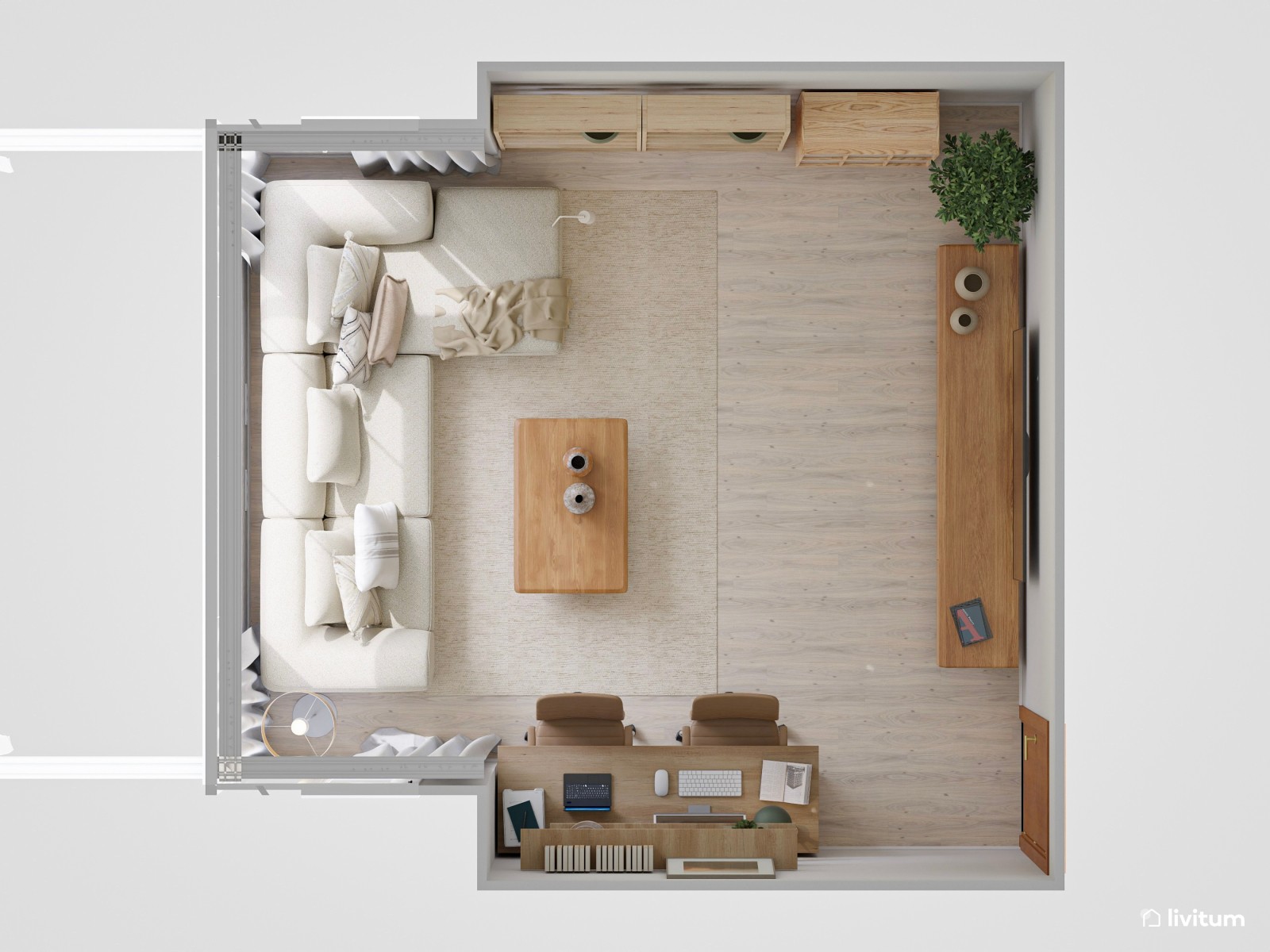 Salón nórdico minimalista con zona de teletrabajo, decorado en tonos crema