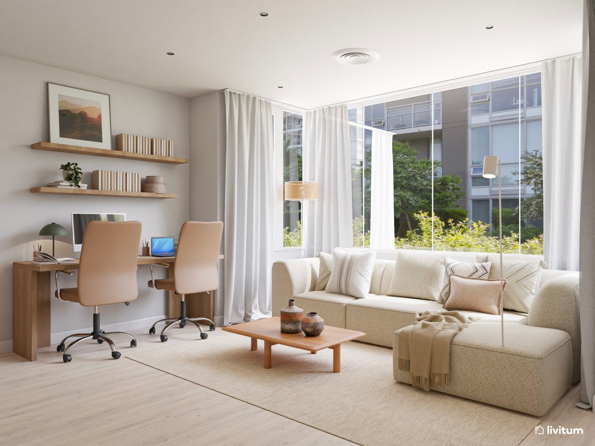 Salón nórdico minimalista con zona de teletrabajo, decorado en tonos crema