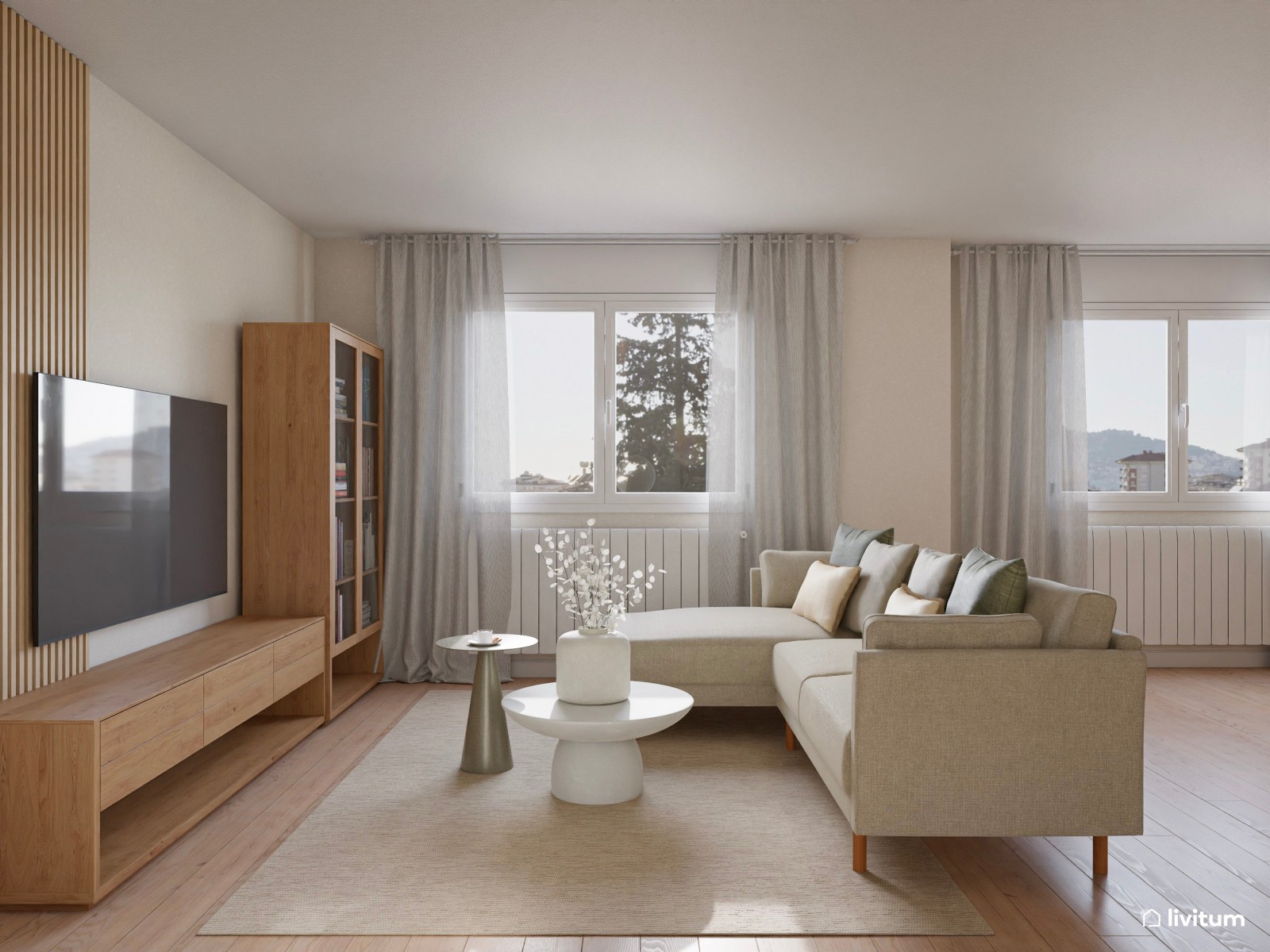 Salón nórdico minimalista en tonos claros con mucha luz natural