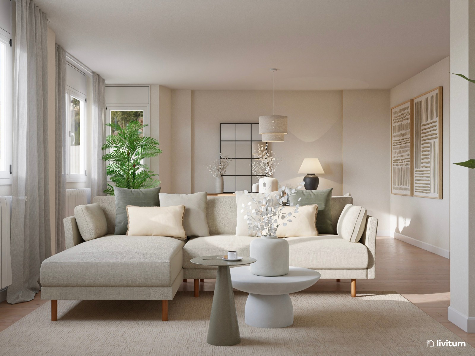 Salón nórdico minimalista en tonos claros con mucha luz natural
