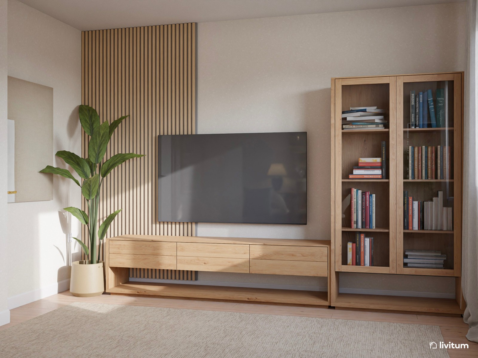 Salón nórdico minimalista en tonos claros con mucha luz natural