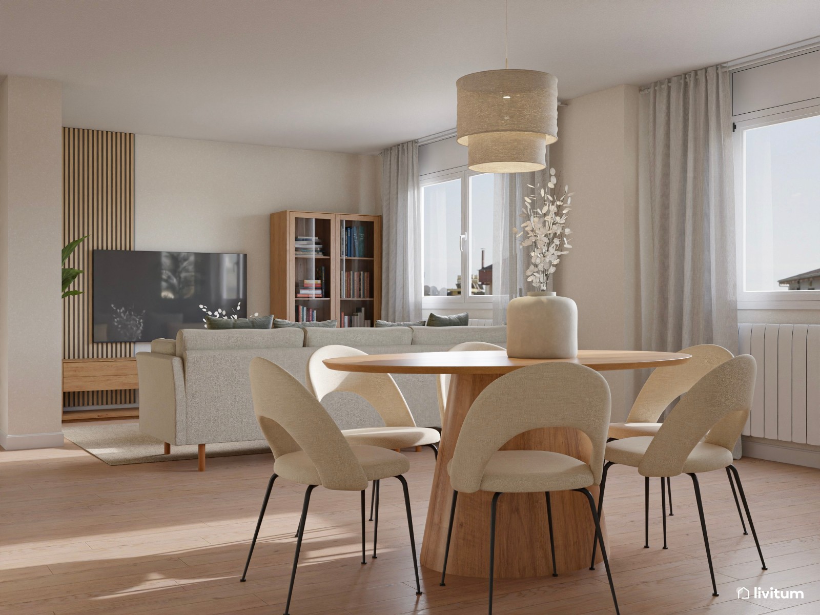 Salón nórdico minimalista en tonos claros con mucha luz natural