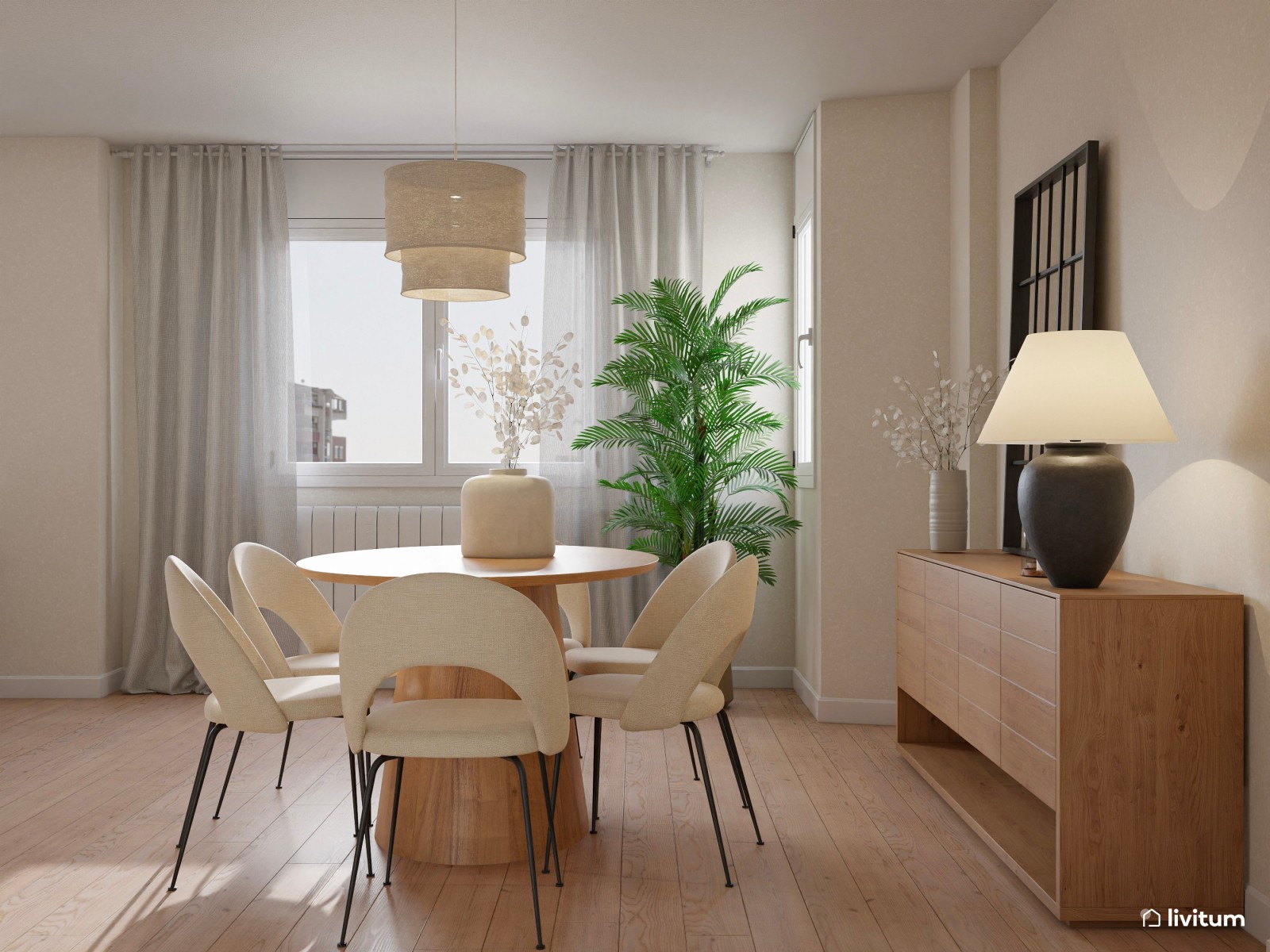 Salón nórdico minimalista en tonos claros con mucha luz natural