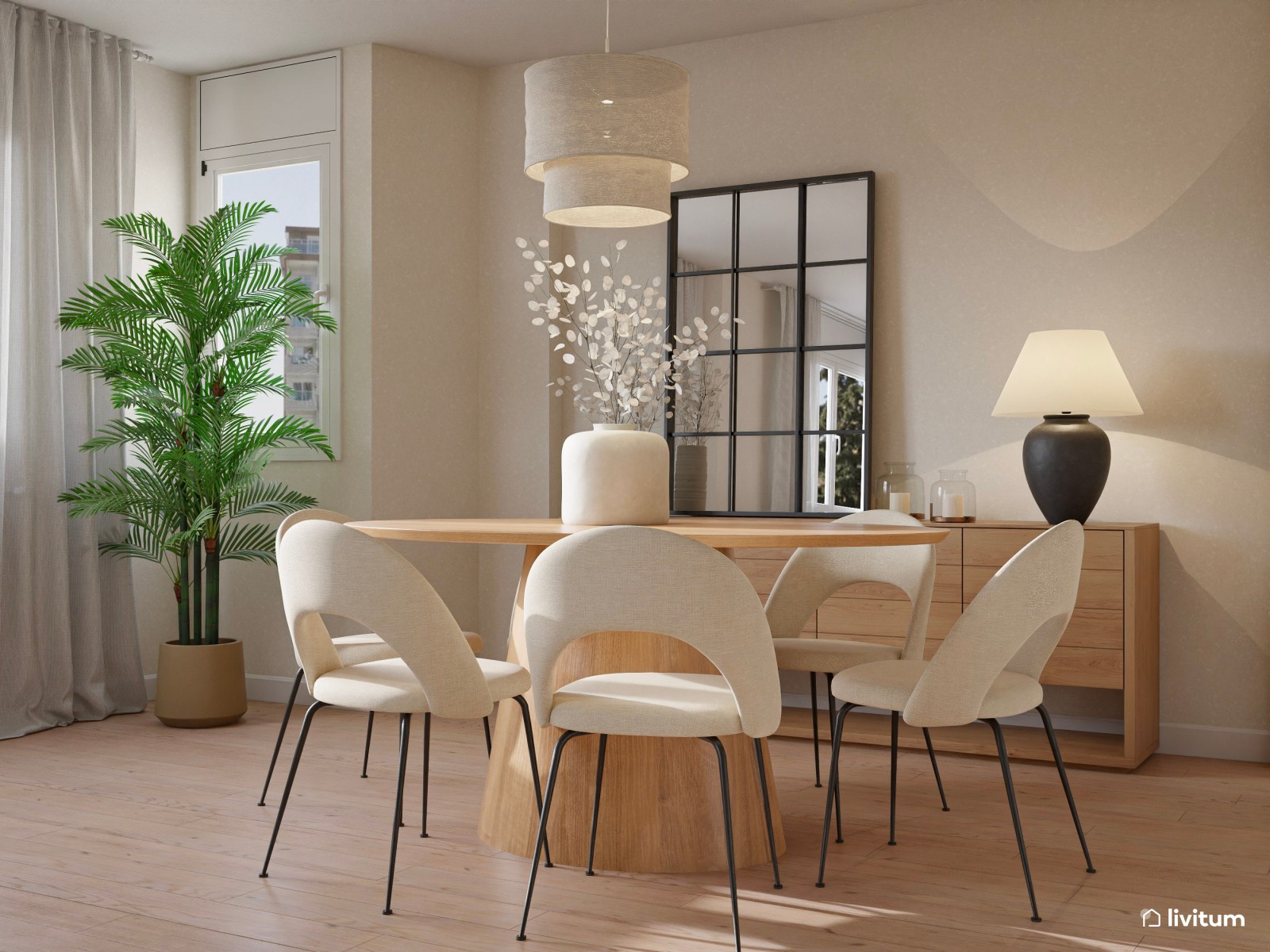 Salón nórdico minimalista en tonos claros con mucha luz natural