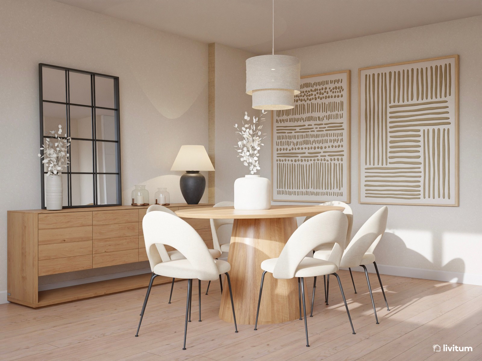 Salón nórdico minimalista en tonos claros con mucha luz natural