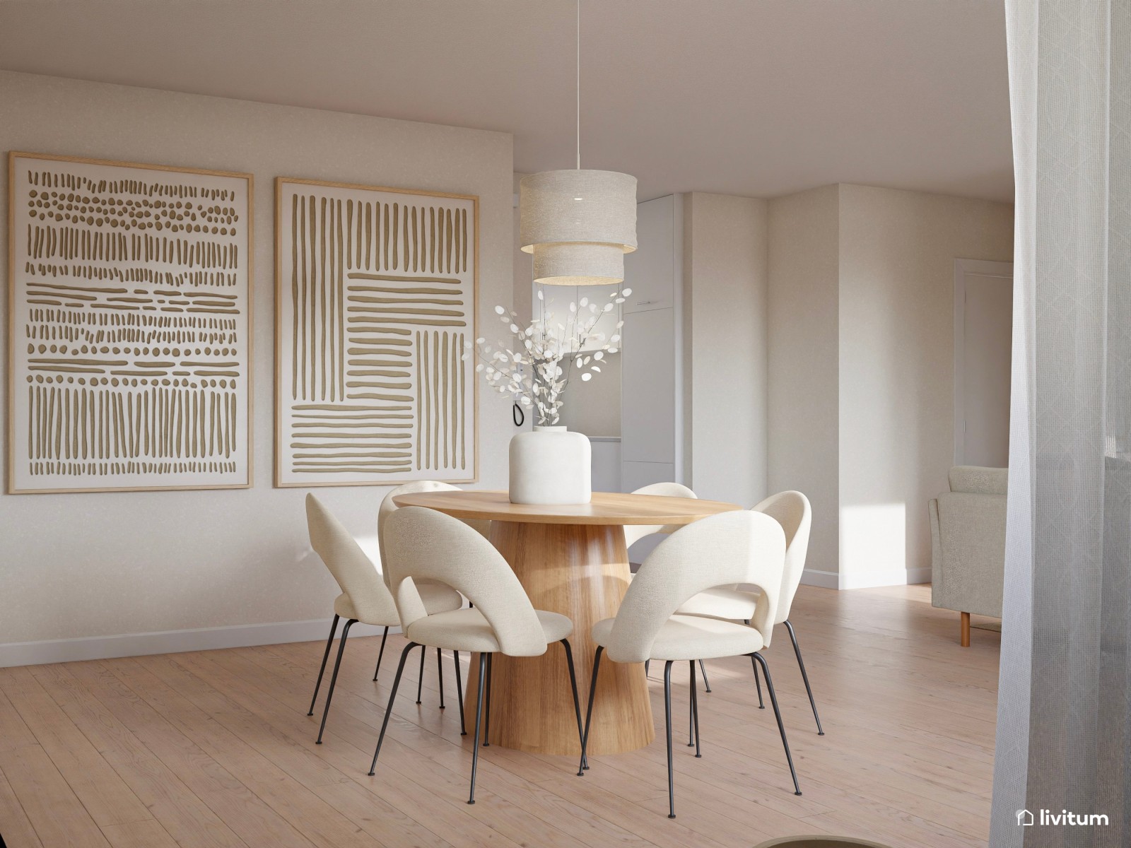 Salón nórdico minimalista en tonos claros con mucha luz natural