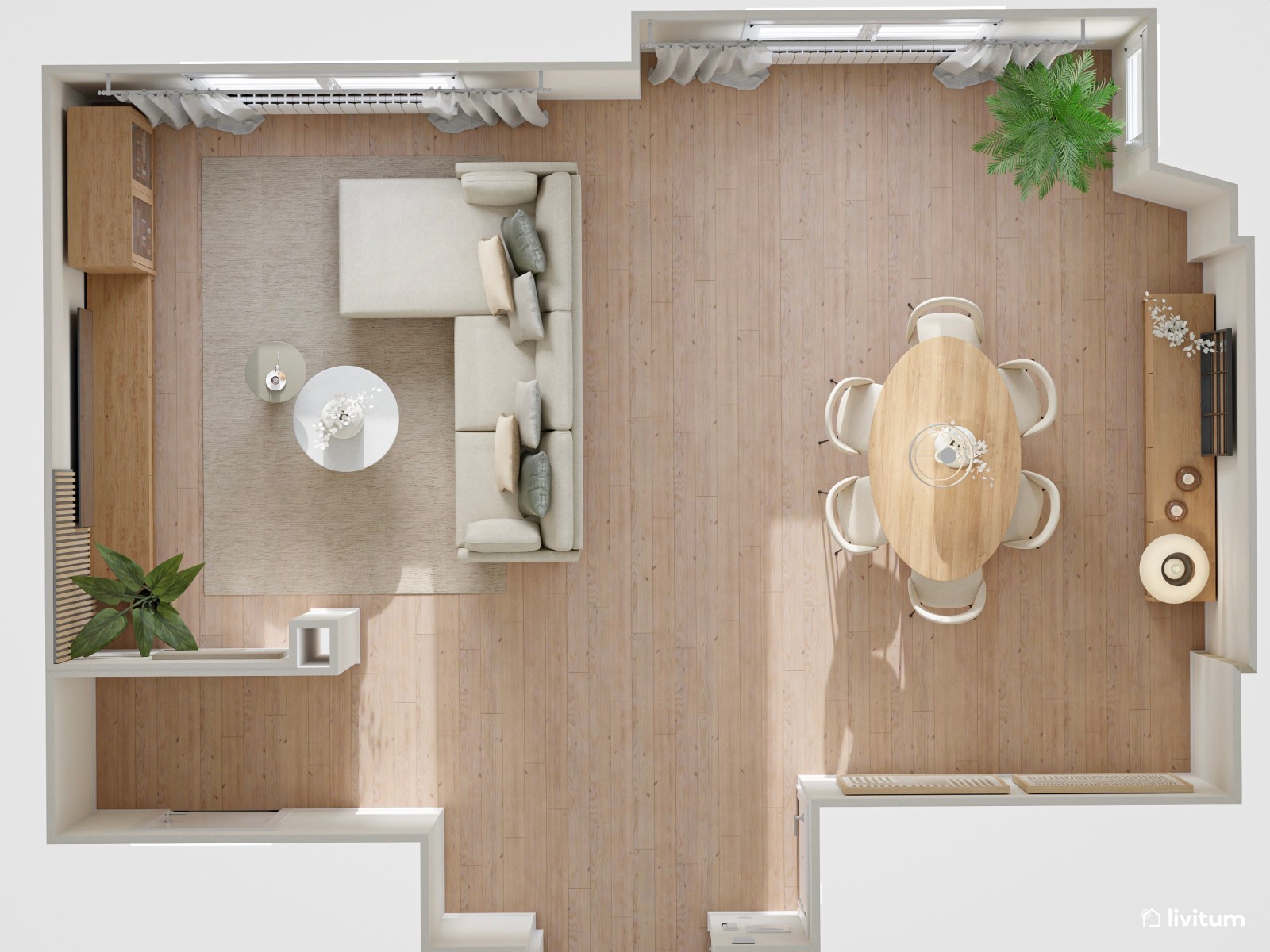 Salón nórdico minimalista en tonos claros con mucha luz natural