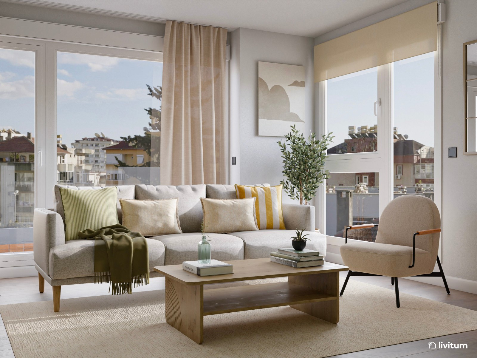Salón nórdico moderno con amplio espacio para descansar y un elegante rincón de lectura 
