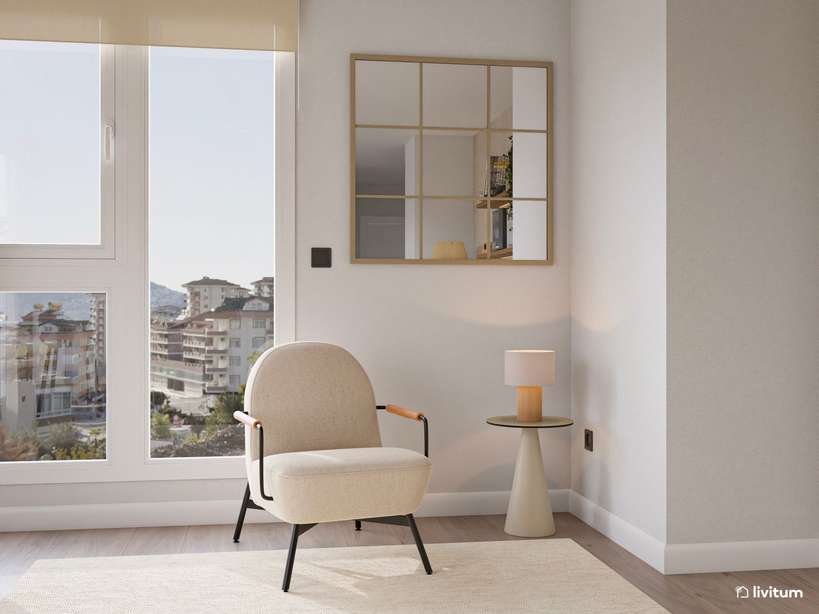 Salón nórdico moderno con amplio espacio para descansar y un elegante rincón de lectura 