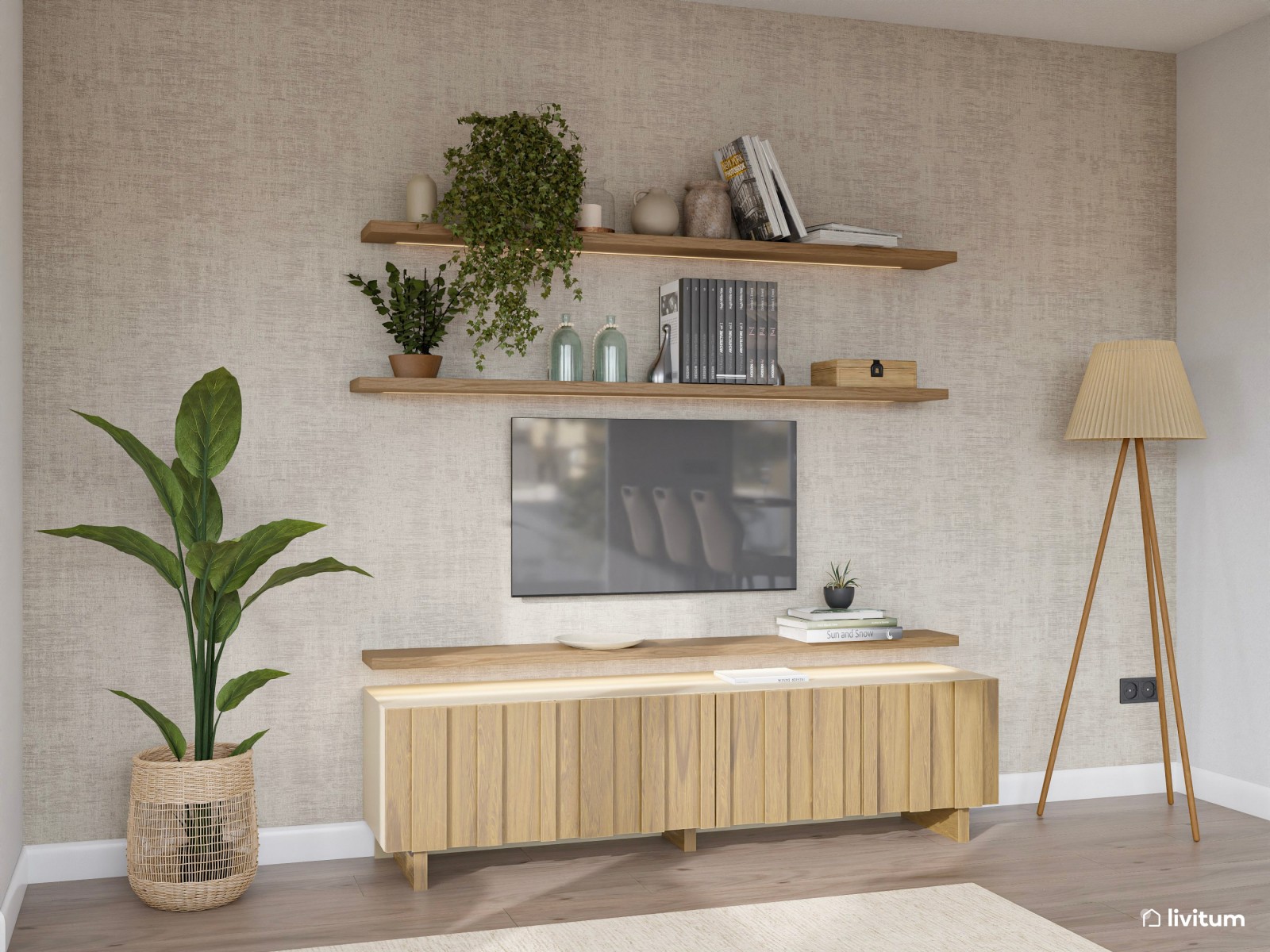 Salón nórdico moderno con amplio espacio para descansar y un elegante rincón de lectura 