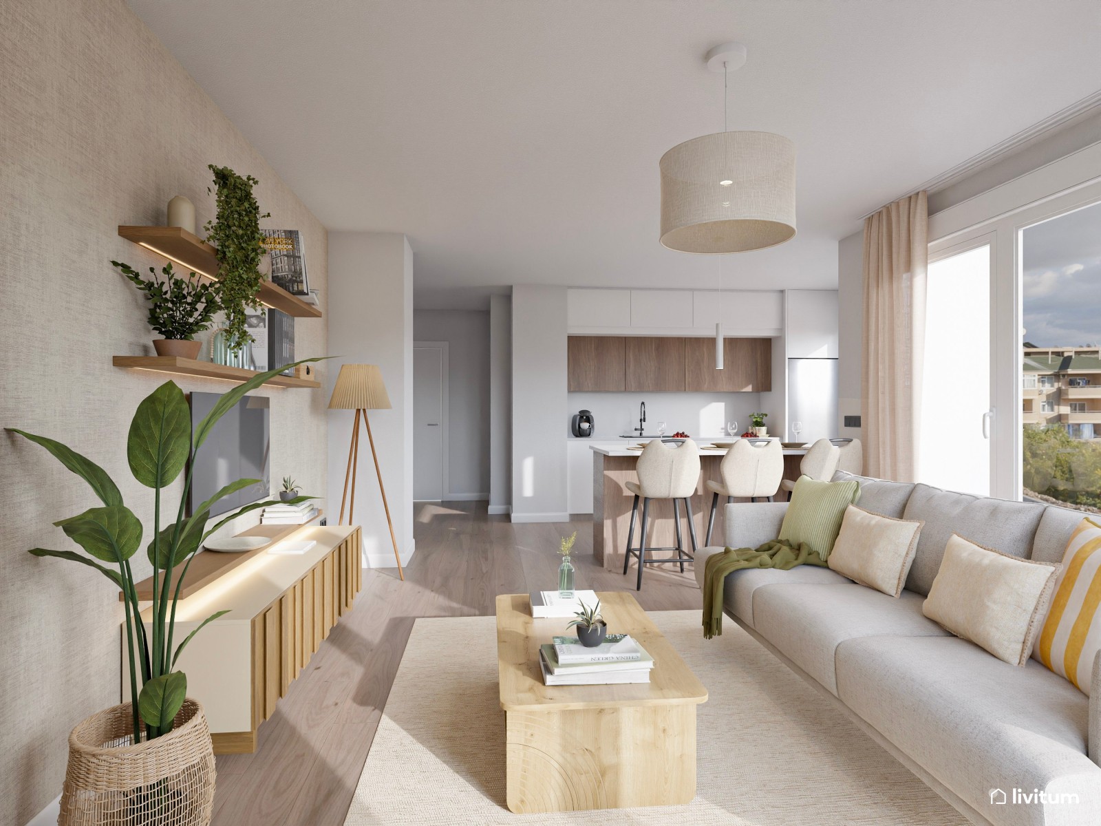 Salón nórdico moderno con amplio espacio para descansar y un elegante rincón de lectura 