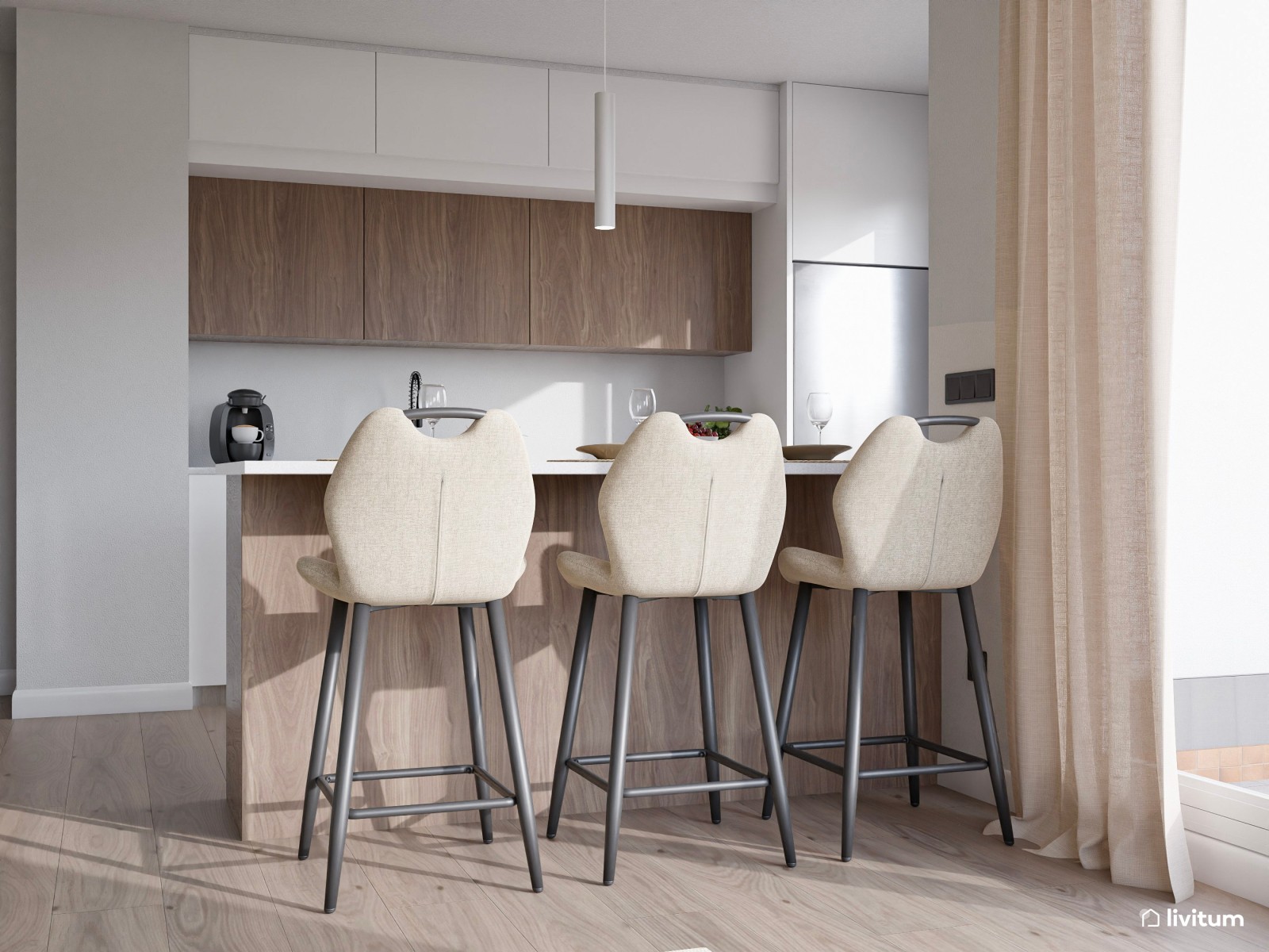 Salón nórdico moderno con amplio espacio para descansar y un elegante rincón de lectura 