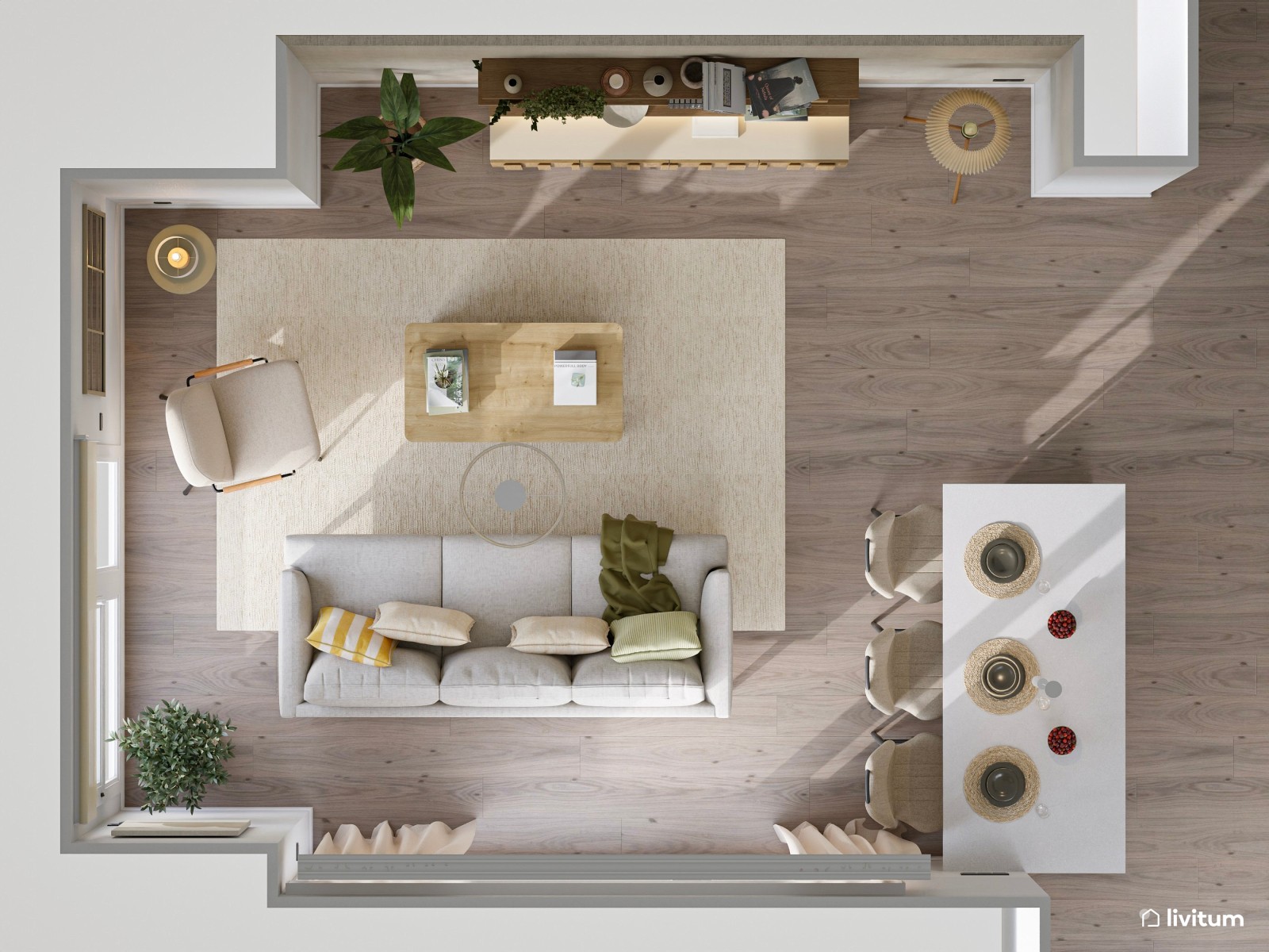 Salón nórdico moderno con amplio espacio para descansar y un elegante rincón de lectura 