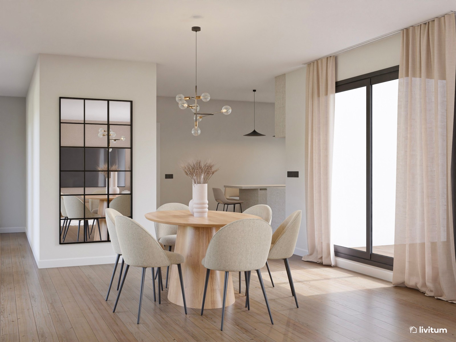 Salón nórdico moderno con lámparas negras y mobiliario en tonos suaves