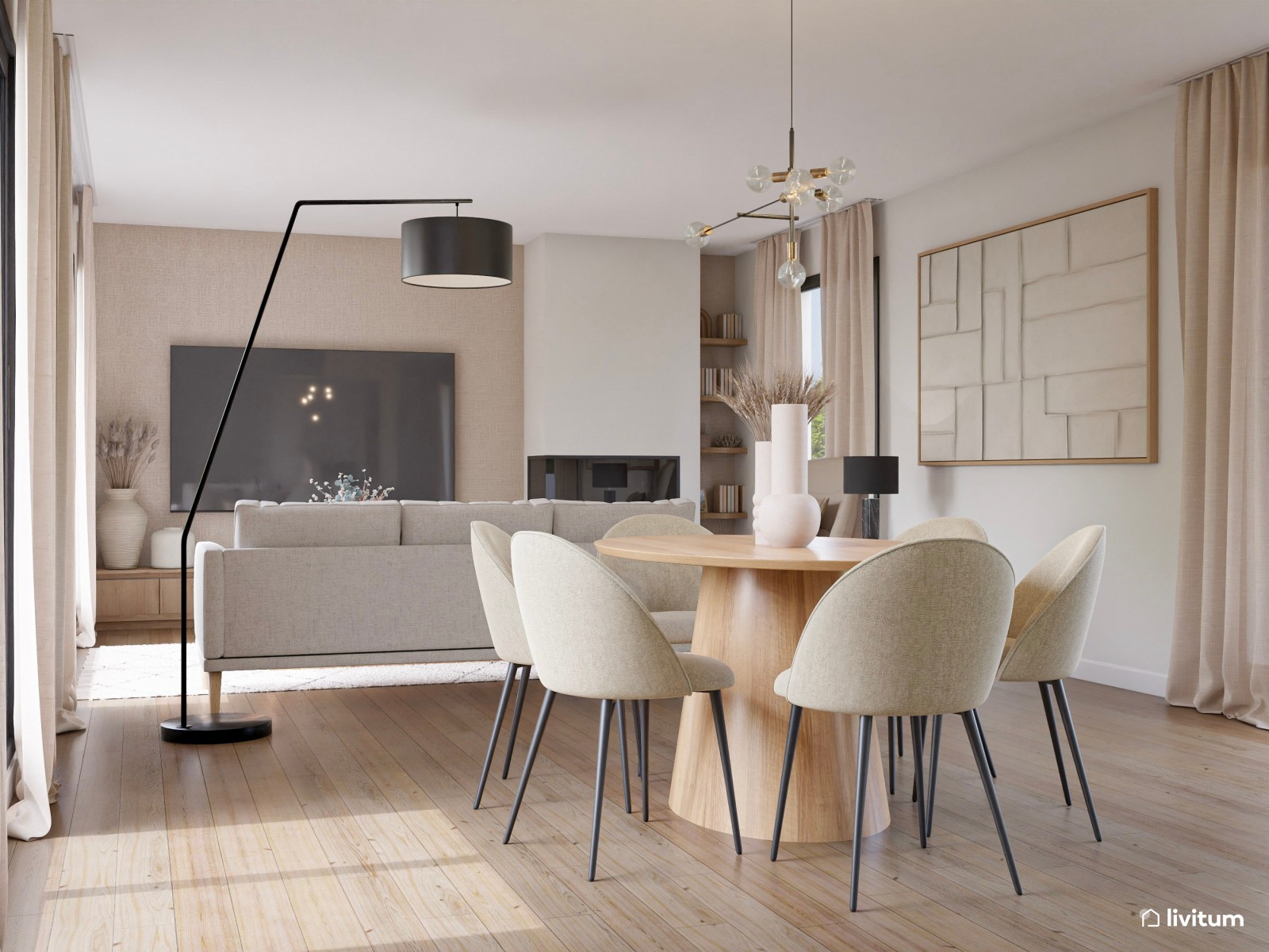 Salón nórdico moderno con lámparas negras y mobiliario en tonos suaves