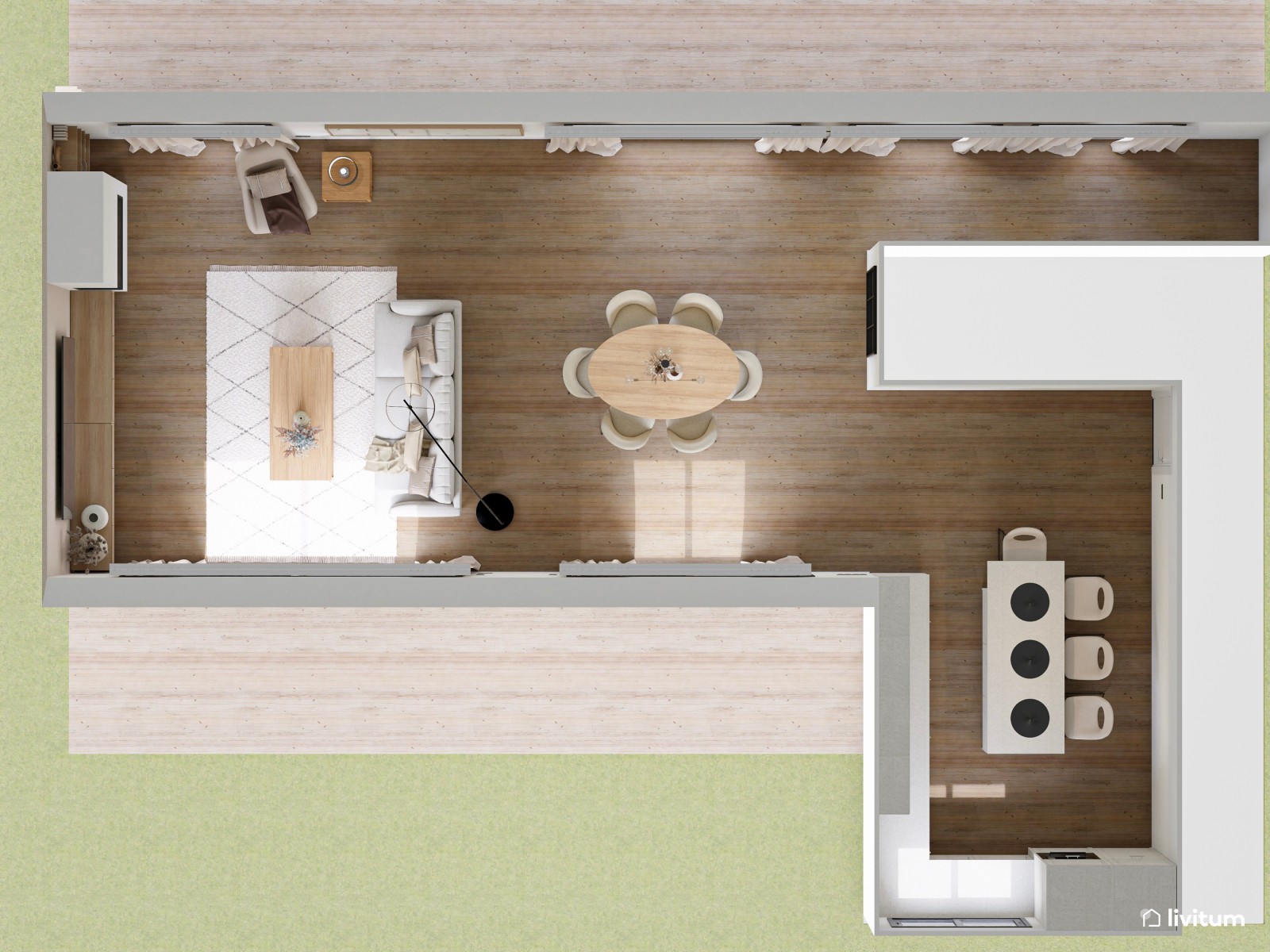 Salón nórdico moderno con lámparas negras y mobiliario en tonos suaves