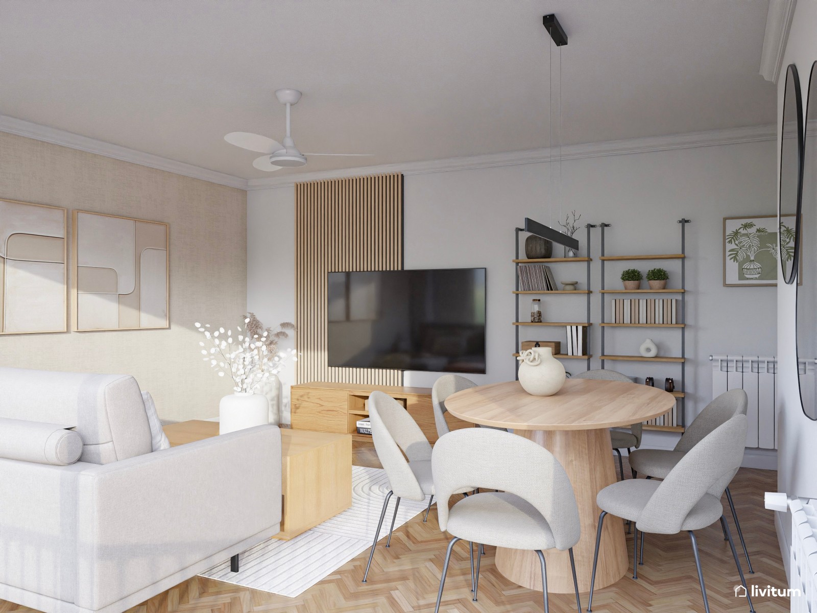 Salón nórdico moderno en greige, madera y sutiles toques artísticos