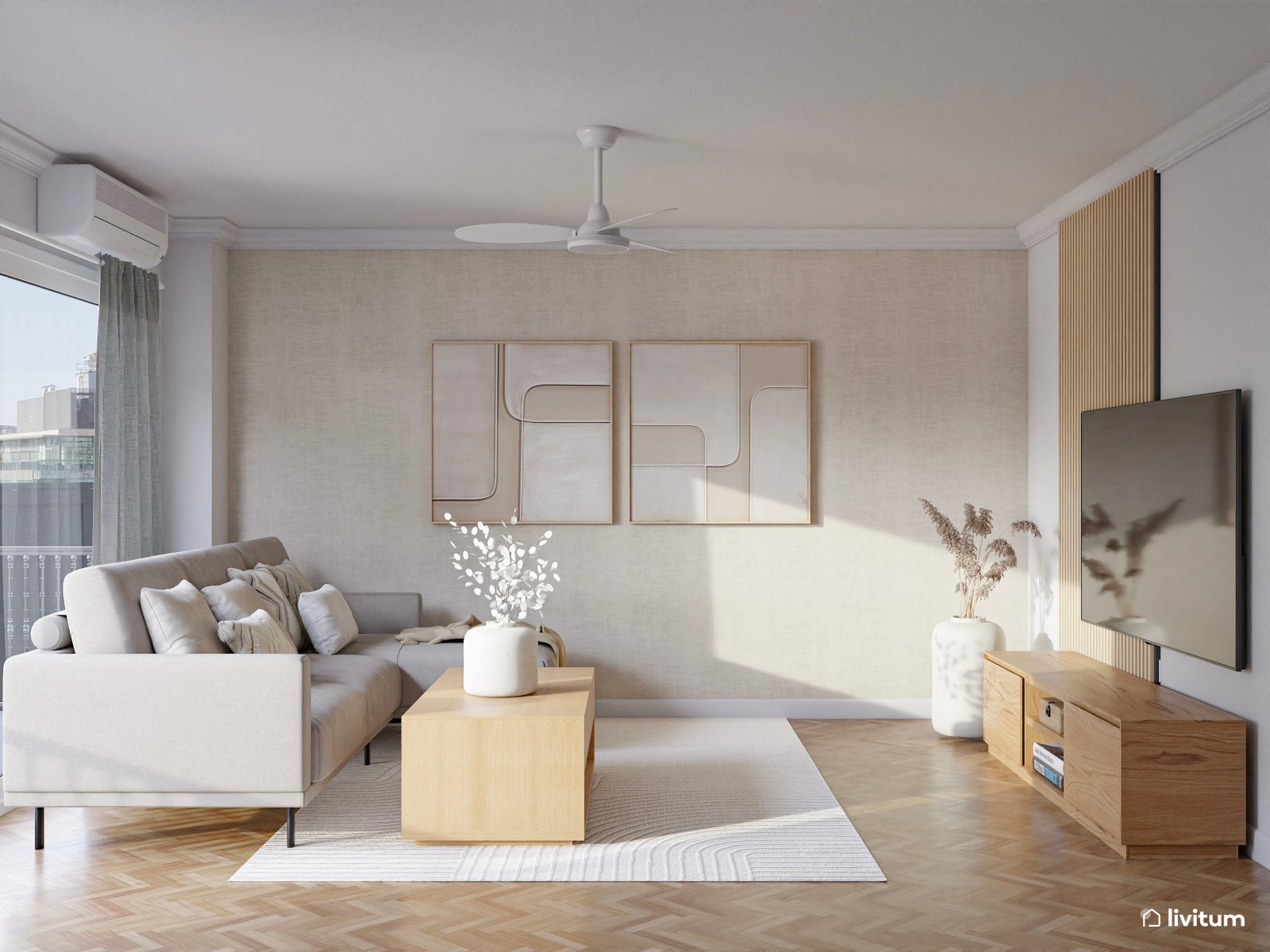 Salón nórdico moderno en greige, madera y sutiles toques artísticos