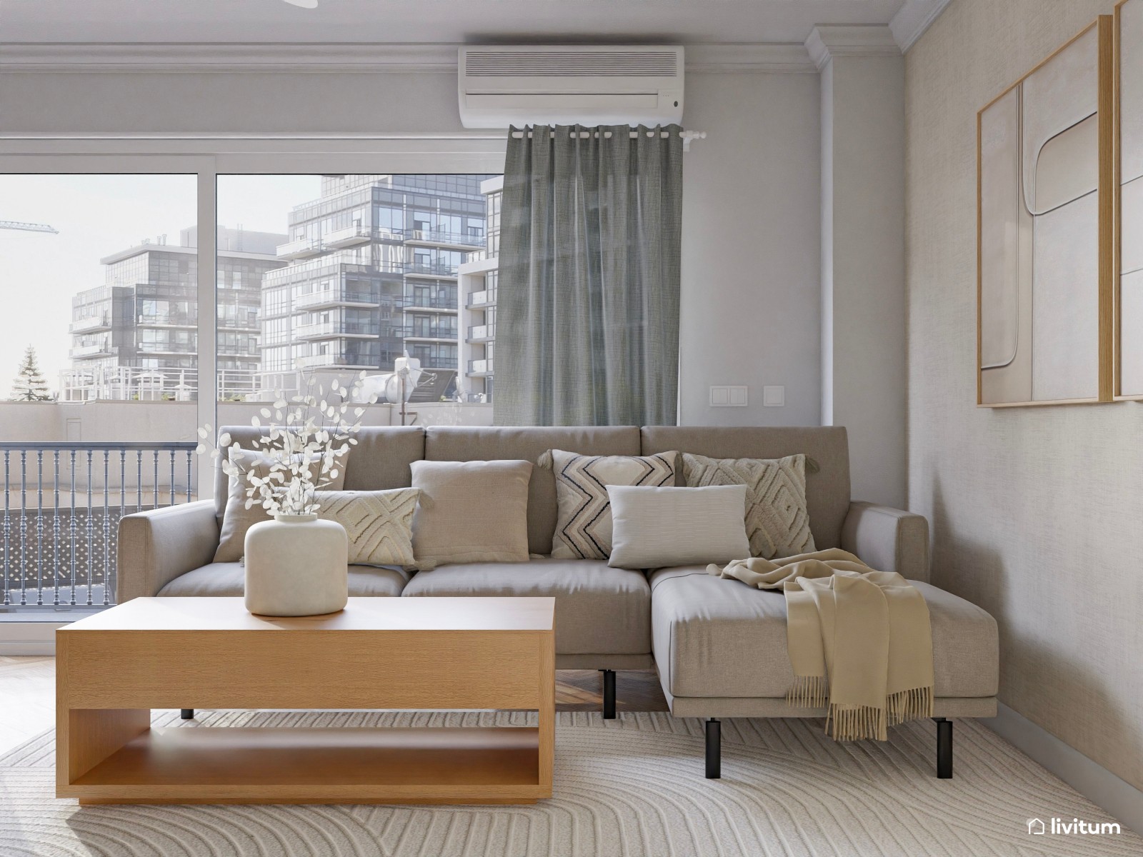 Salón nórdico moderno en greige, madera y sutiles toques artísticos