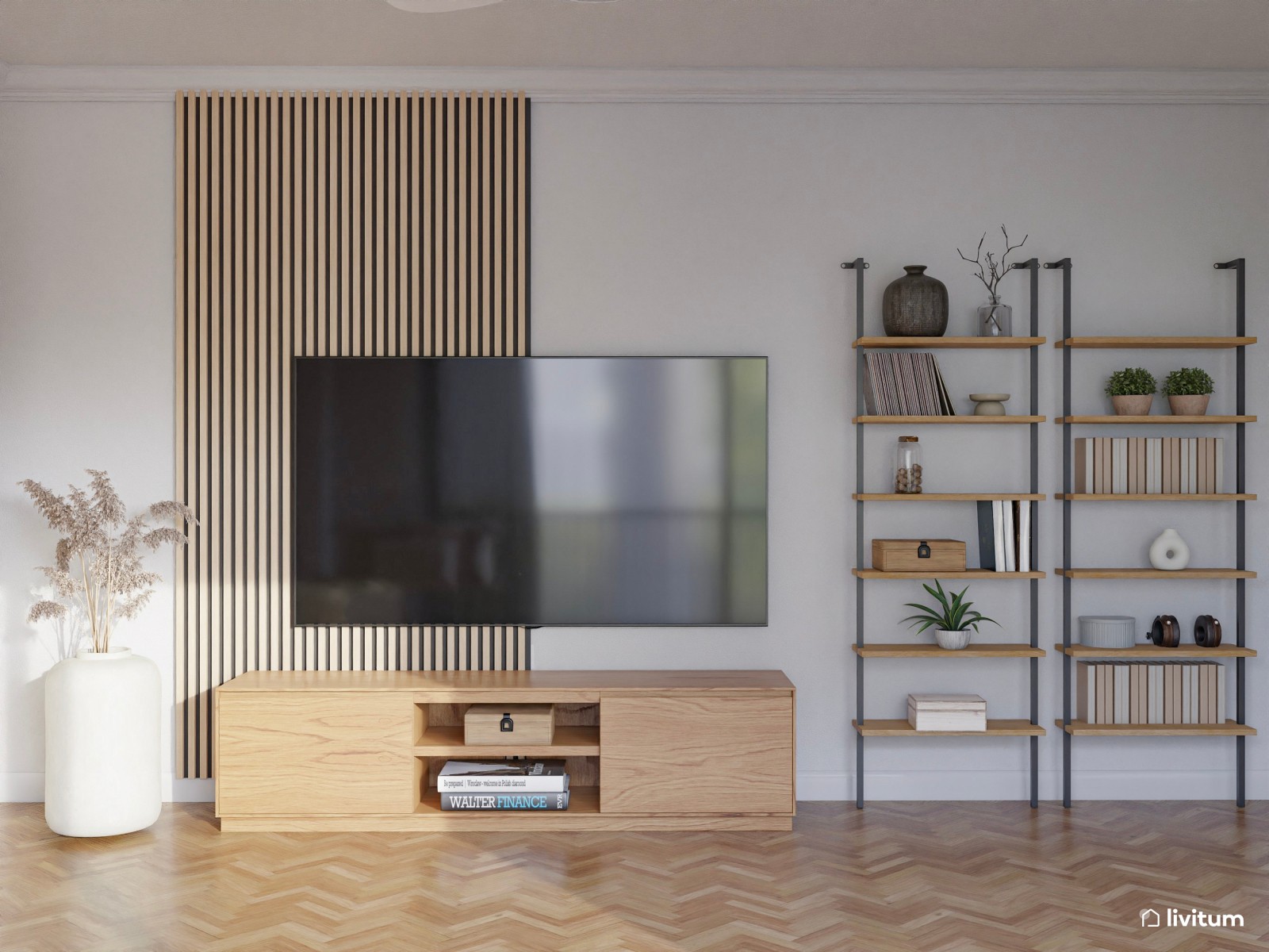 Salón nórdico moderno en greige, madera y sutiles toques artísticos