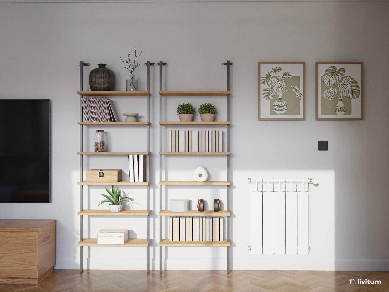 Salón nórdico moderno en greige, madera y sutiles toques artísticos