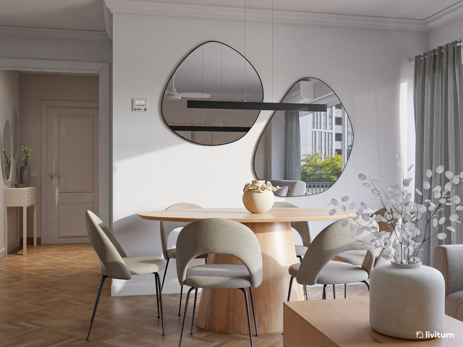 Salón nórdico moderno en greige, madera y sutiles toques artísticos