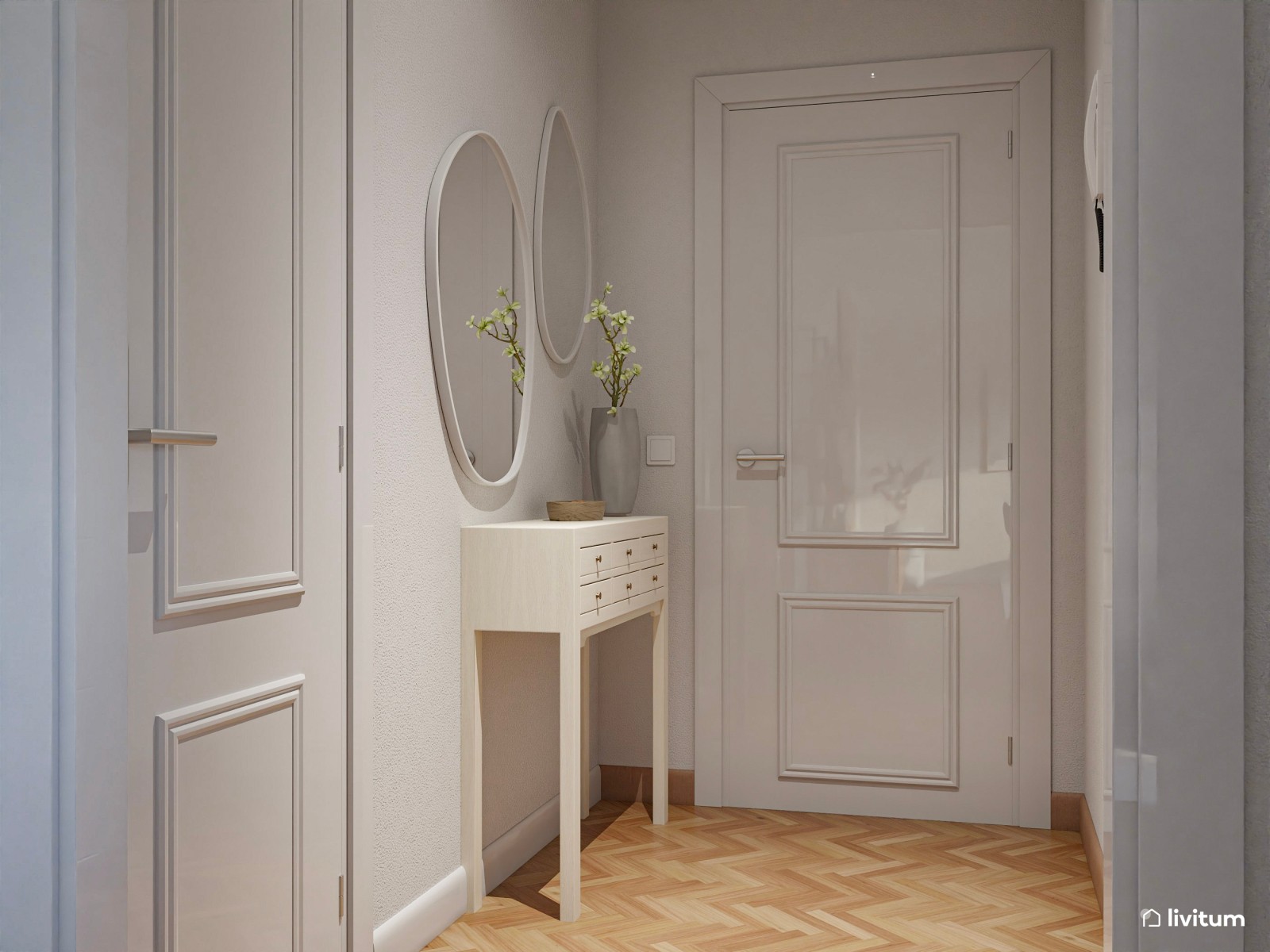 Salón nórdico moderno en greige, madera y sutiles toques artísticos