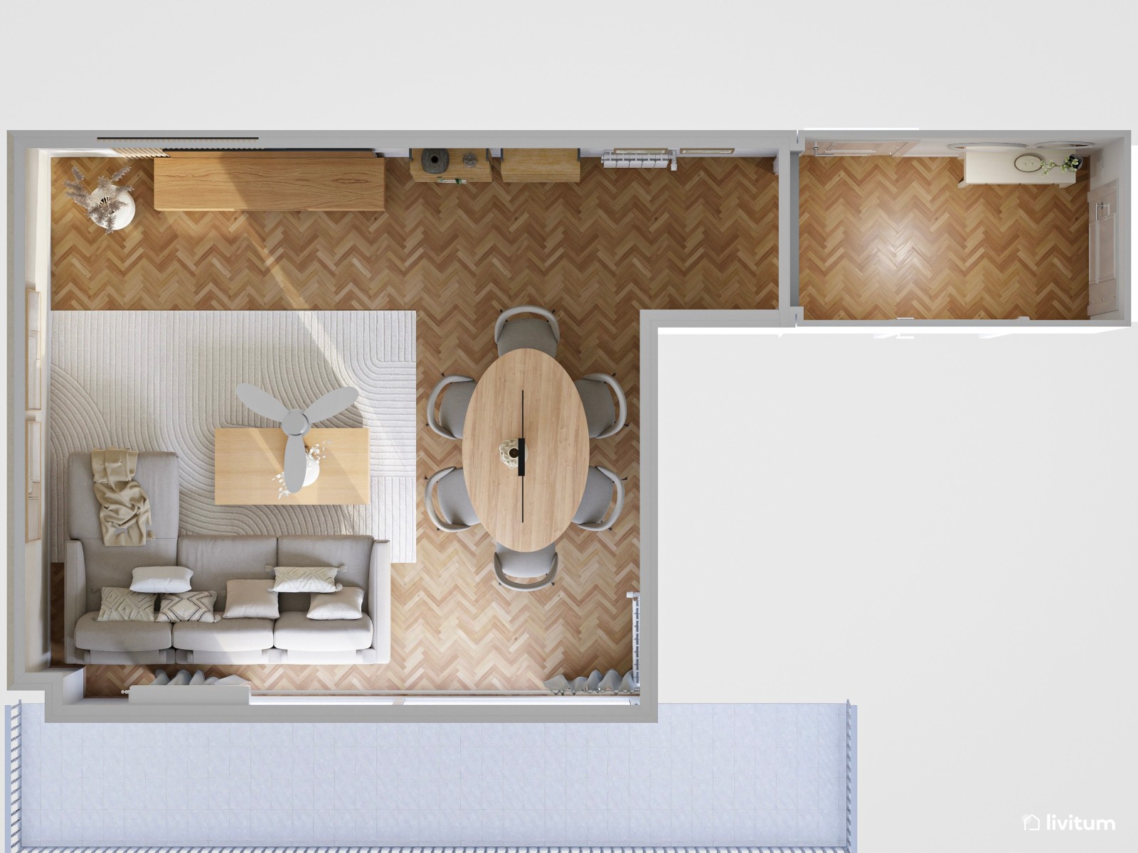 Salón nórdico moderno en greige, madera y sutiles toques artísticos