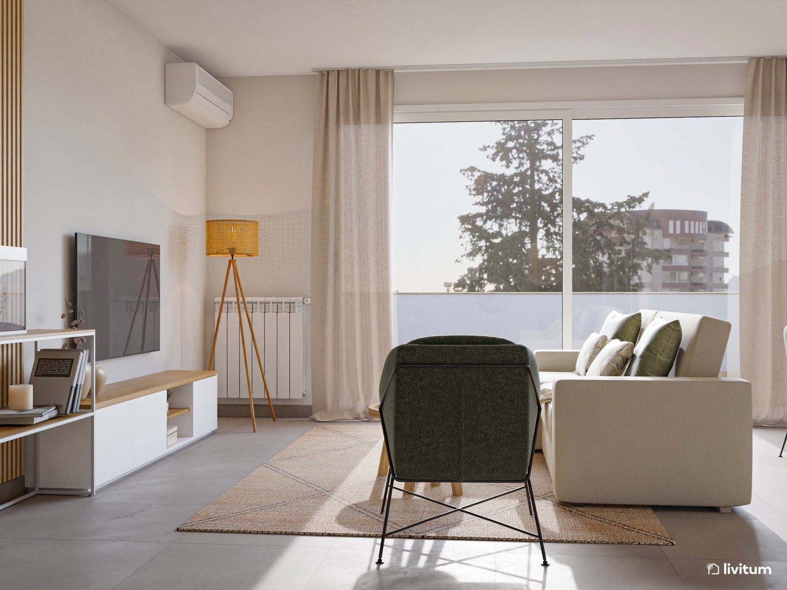 Salón nórdico, moderno y luminoso con detalles en verde