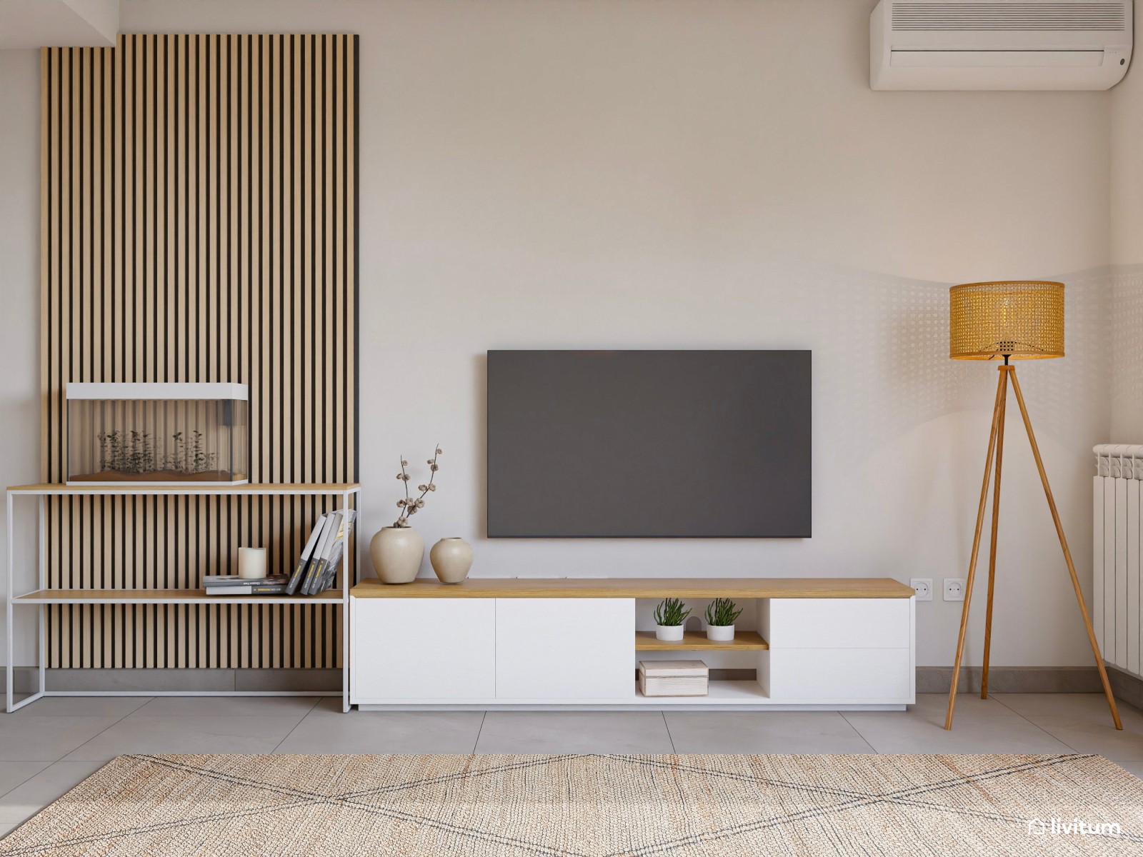 Salón nórdico, moderno y luminoso con detalles en verde