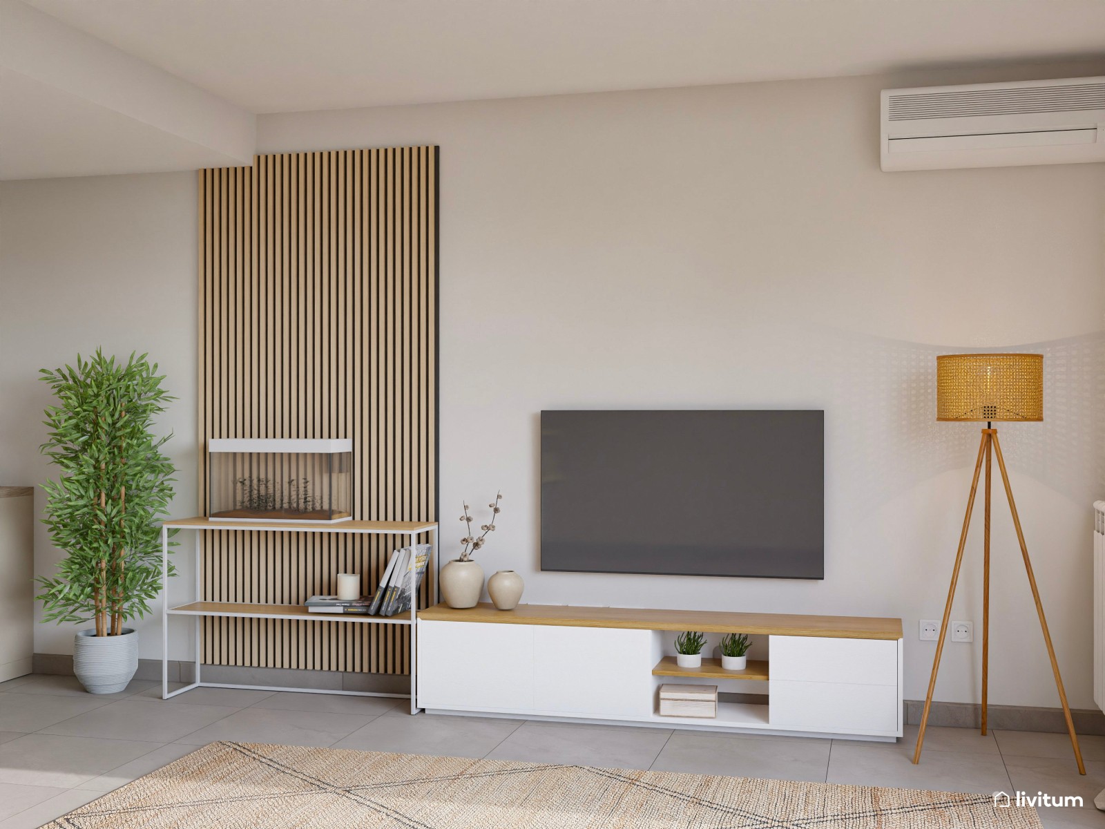 Salón nórdico, moderno y luminoso con detalles en verde