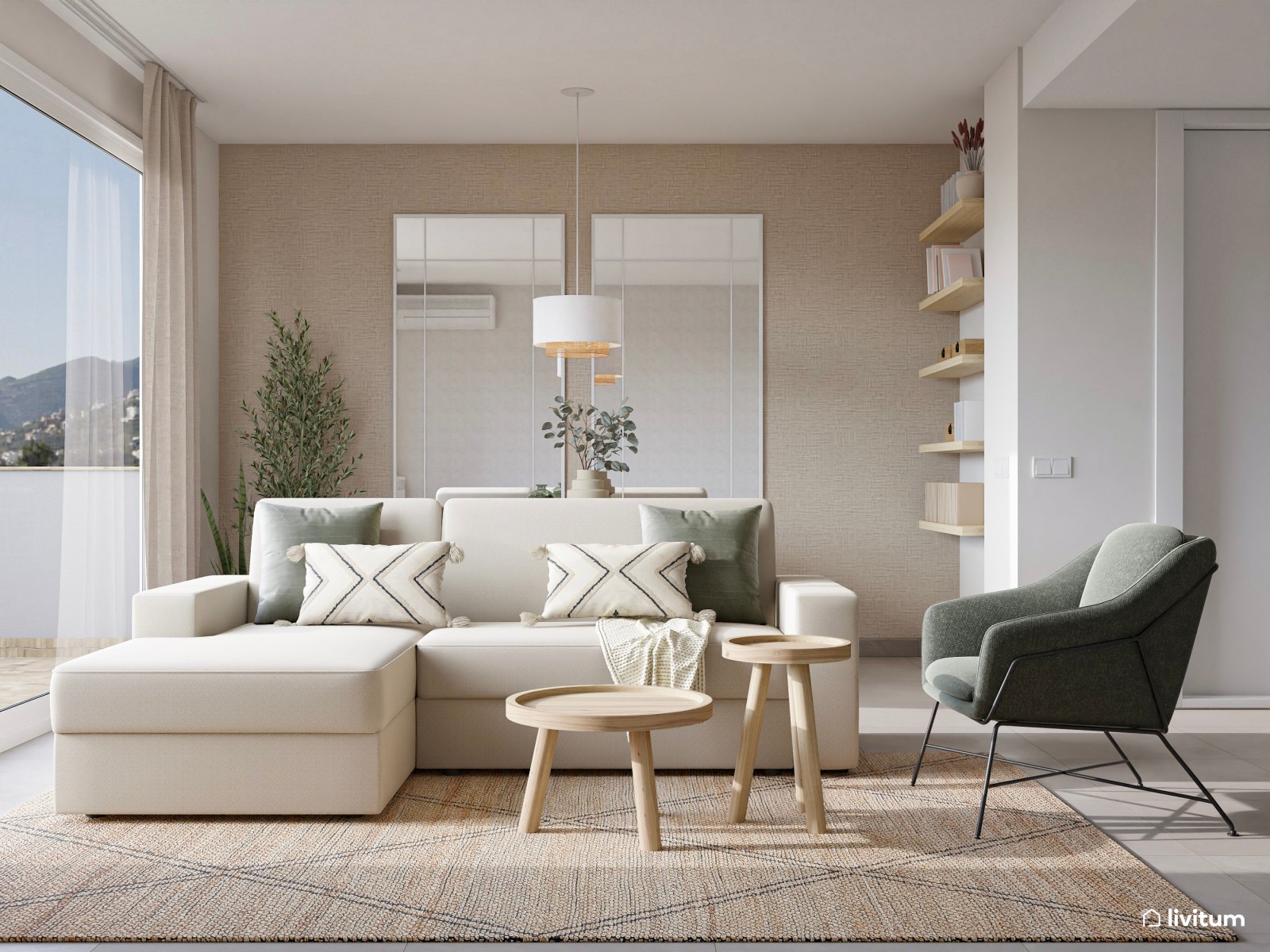 Salón nórdico, moderno y luminoso con detalles en verde