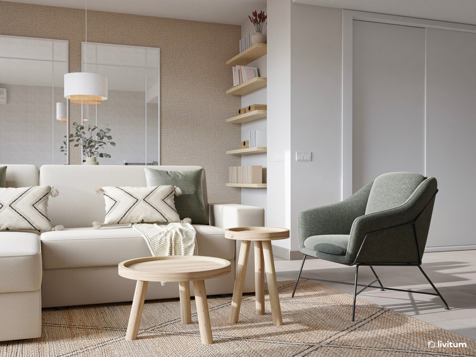 Salón nórdico, moderno y luminoso con detalles en verde