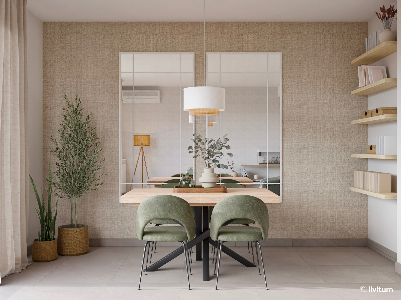 Salón nórdico, moderno y luminoso con detalles en verde
